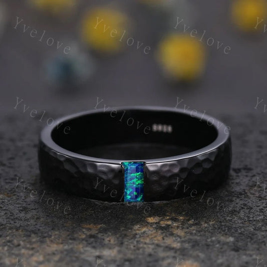 Mens Black Opal Wedding Band Baguette Cut Opal Band 5mm Black Gold Ring Mens Hammered Stacking Matching Band Retro Vintage Ring Gift