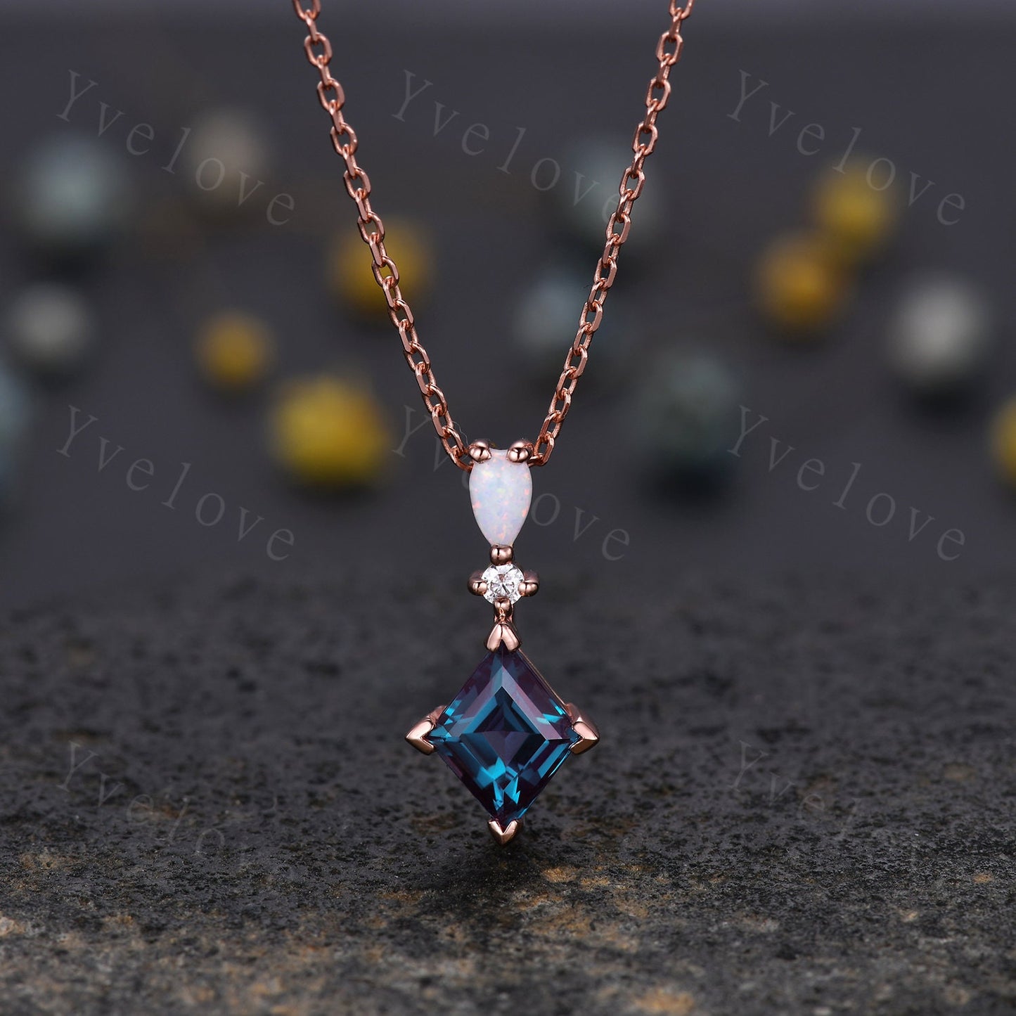 Vintage unique lozenge pink tourmaline necklace 14k rose gold opal diamond personalized pendant for women anniversary bridal gift for women