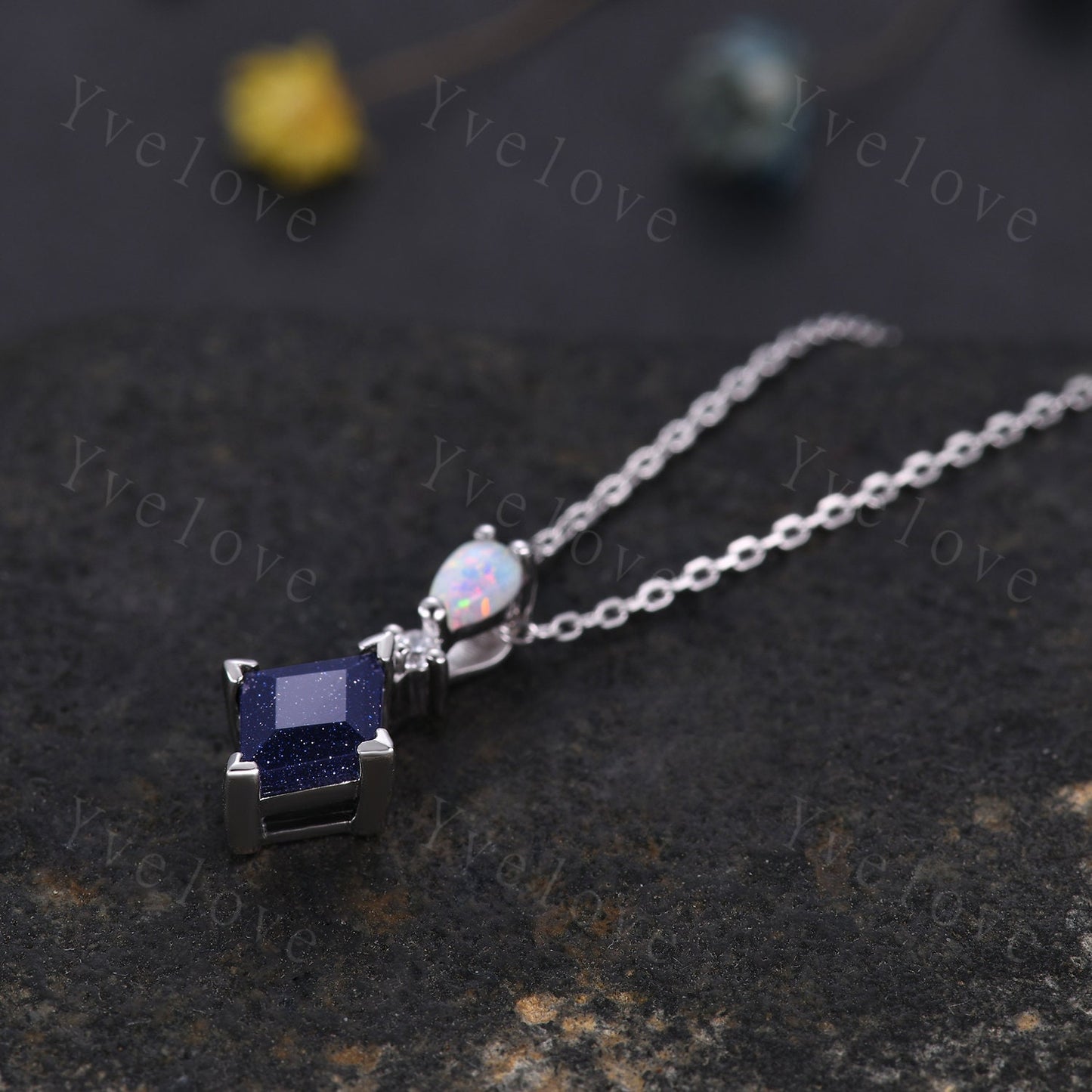 Vintage unique lozenge sandstone necklace solid opal diamond personalized pendant for women anniversary bridal gift for her sterling silver