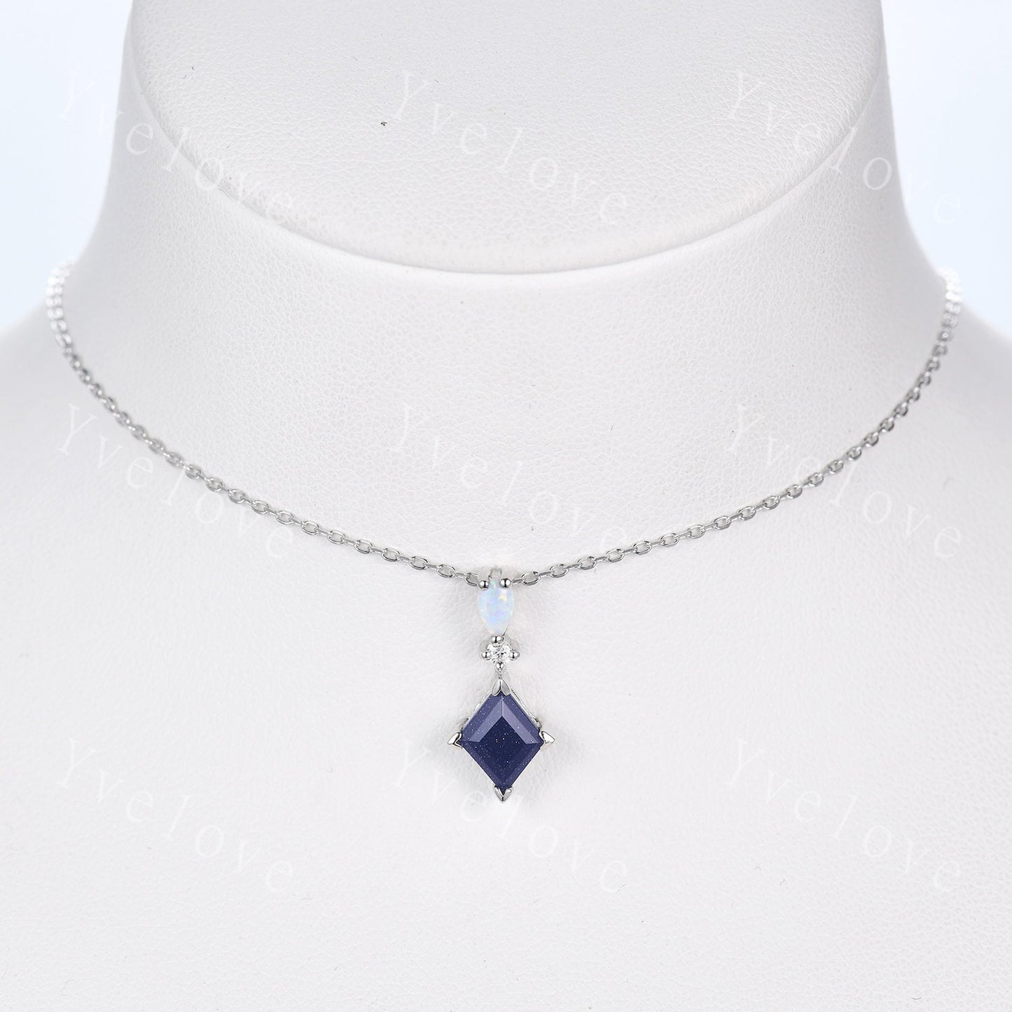 Vintage unique lozenge sandstone necklace solid opal diamond personalized pendant for women anniversary bridal gift for her sterling silver