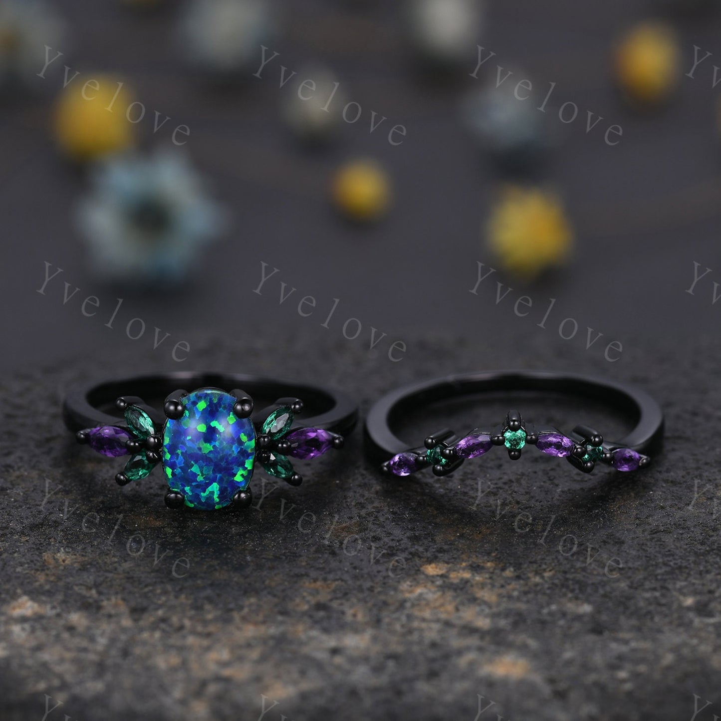 Blue Opal Wedding Ring Set Oval Opal Engagement Ring Emerald Amethyst Wedding Ring Black Gold Band Family Stone Jewelry Anniversary Gift