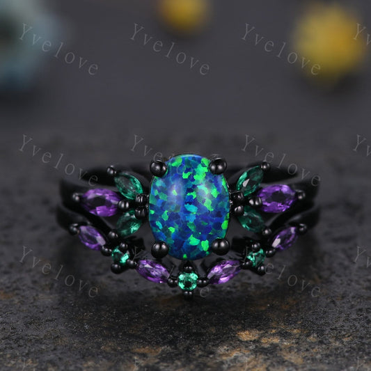 Blue Opal Wedding Ring Set Oval Opal Engagement Ring Emerald Amethyst Wedding Ring Black Gold Band Family Stone Jewelry Anniversary Gift