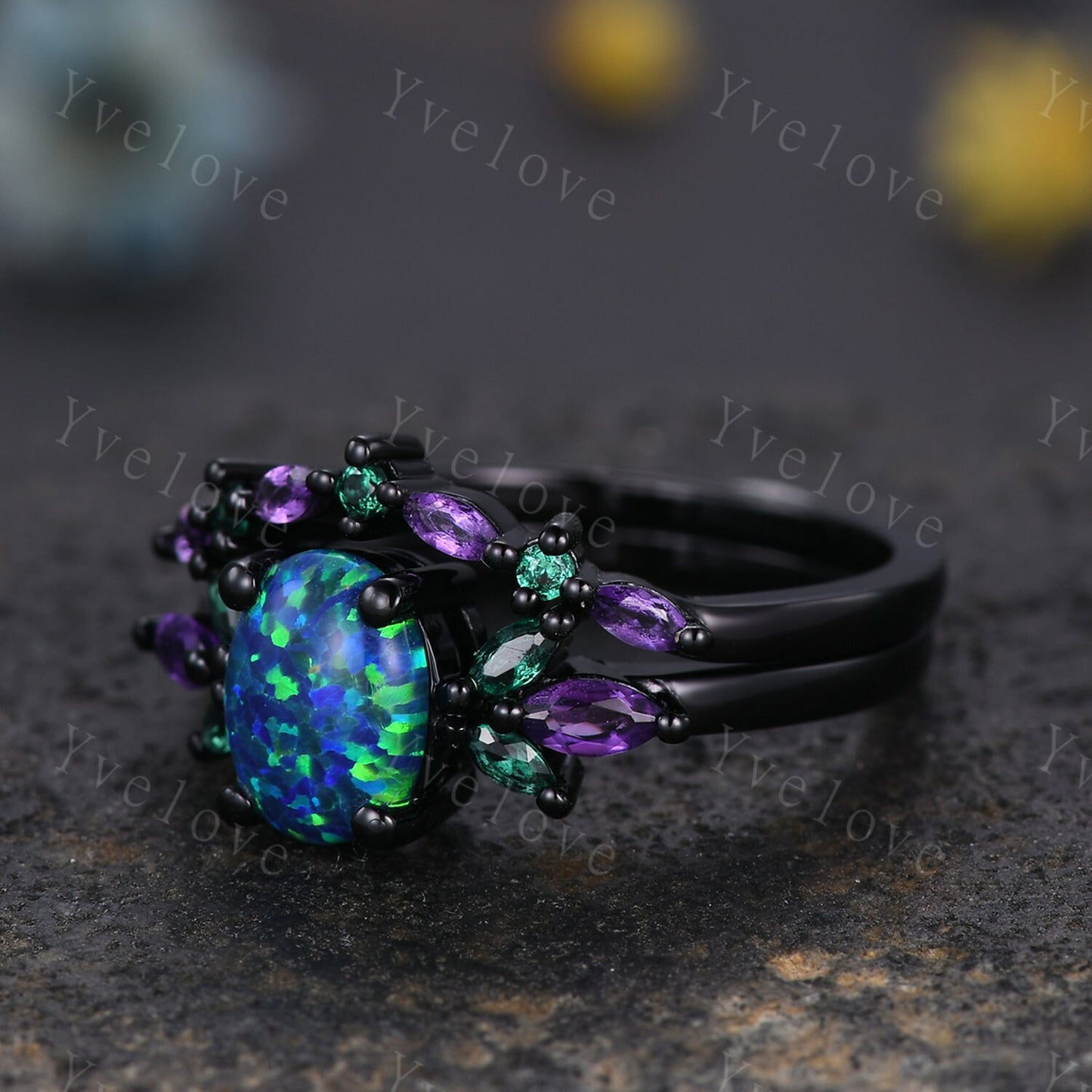 Blue Opal Wedding Ring Set Oval Opal Engagement Ring Emerald Amethyst Wedding Ring Black Gold Band Family Stone Jewelry Anniversary Gift