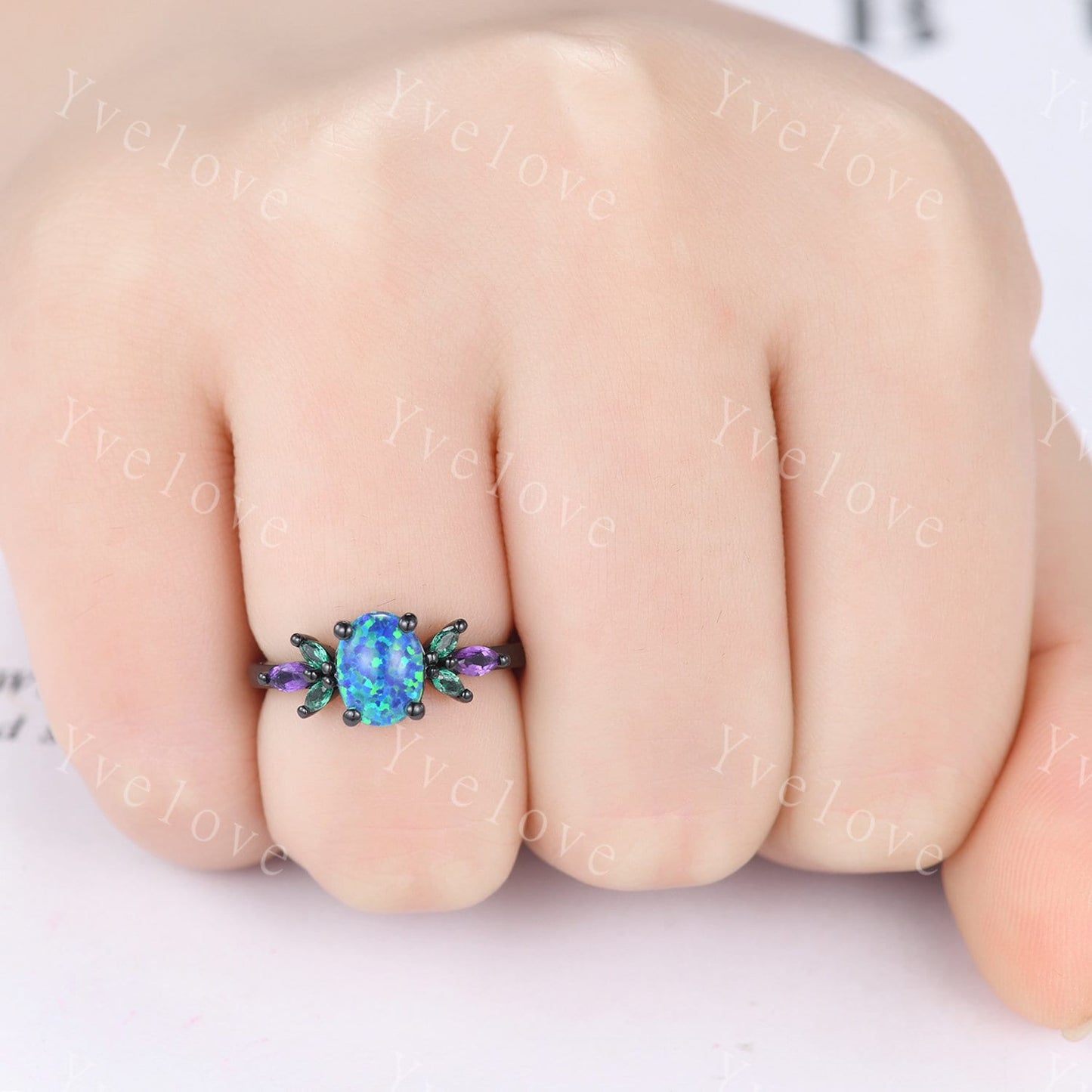 Blue Opal Wedding Ring Set Oval Opal Engagement Ring Emerald Amethyst Wedding Ring Black Gold Band Family Stone Jewelry Anniversary Gift