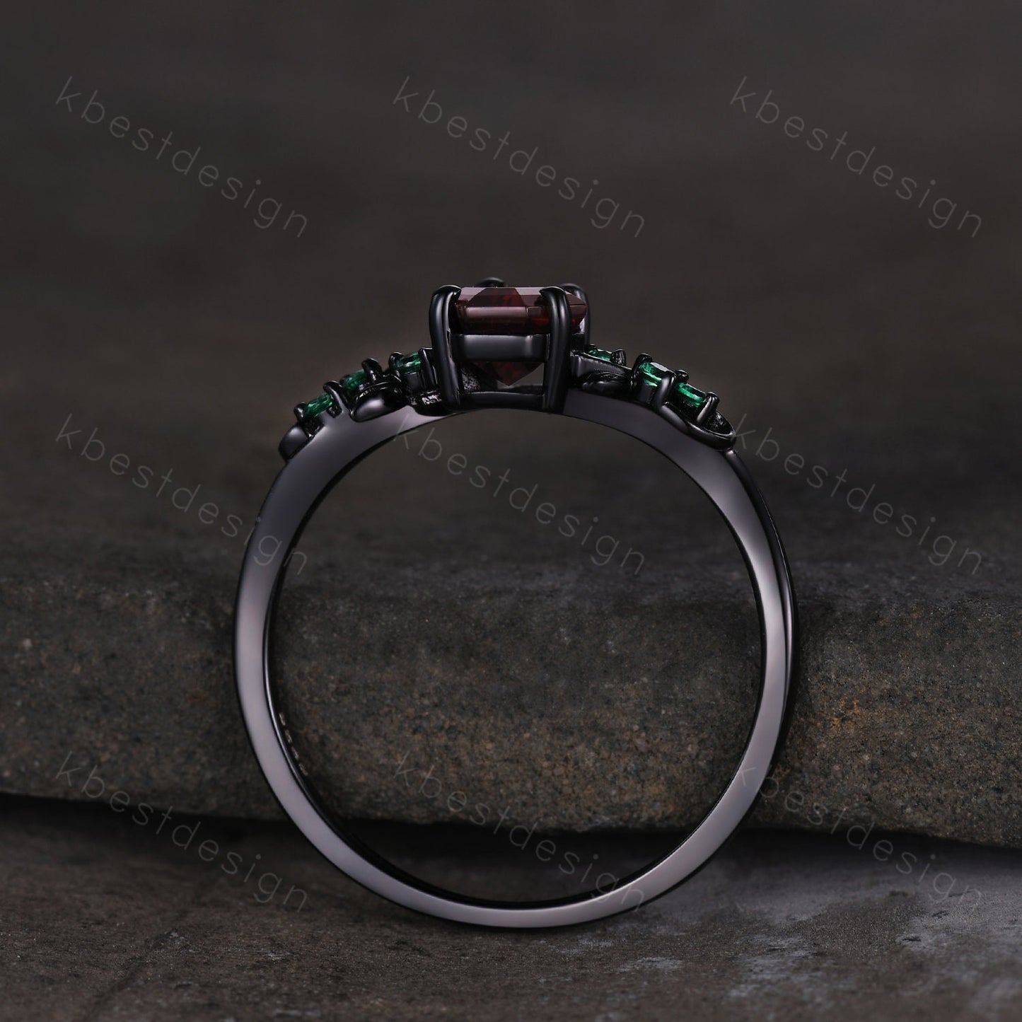 Coffin cut white opal engagement ring Black gold ring Art deco leaf design emerald wedding ring October birthstone bridal promise ring