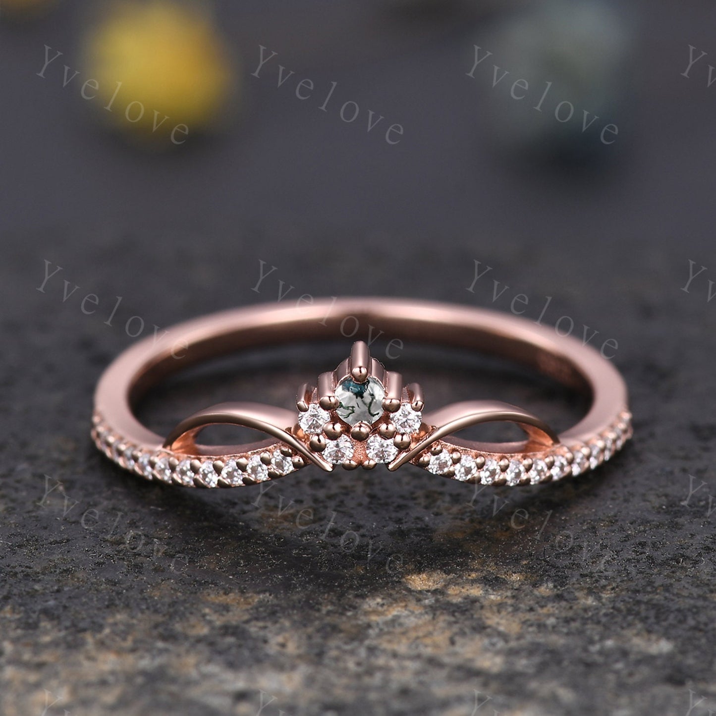 Dainty Moss Agate Moissanite Wedding Band V Curved Diamond Wedding Band Stacking Ring Matching Band Bridal Promise Anniversary Gift For Her
