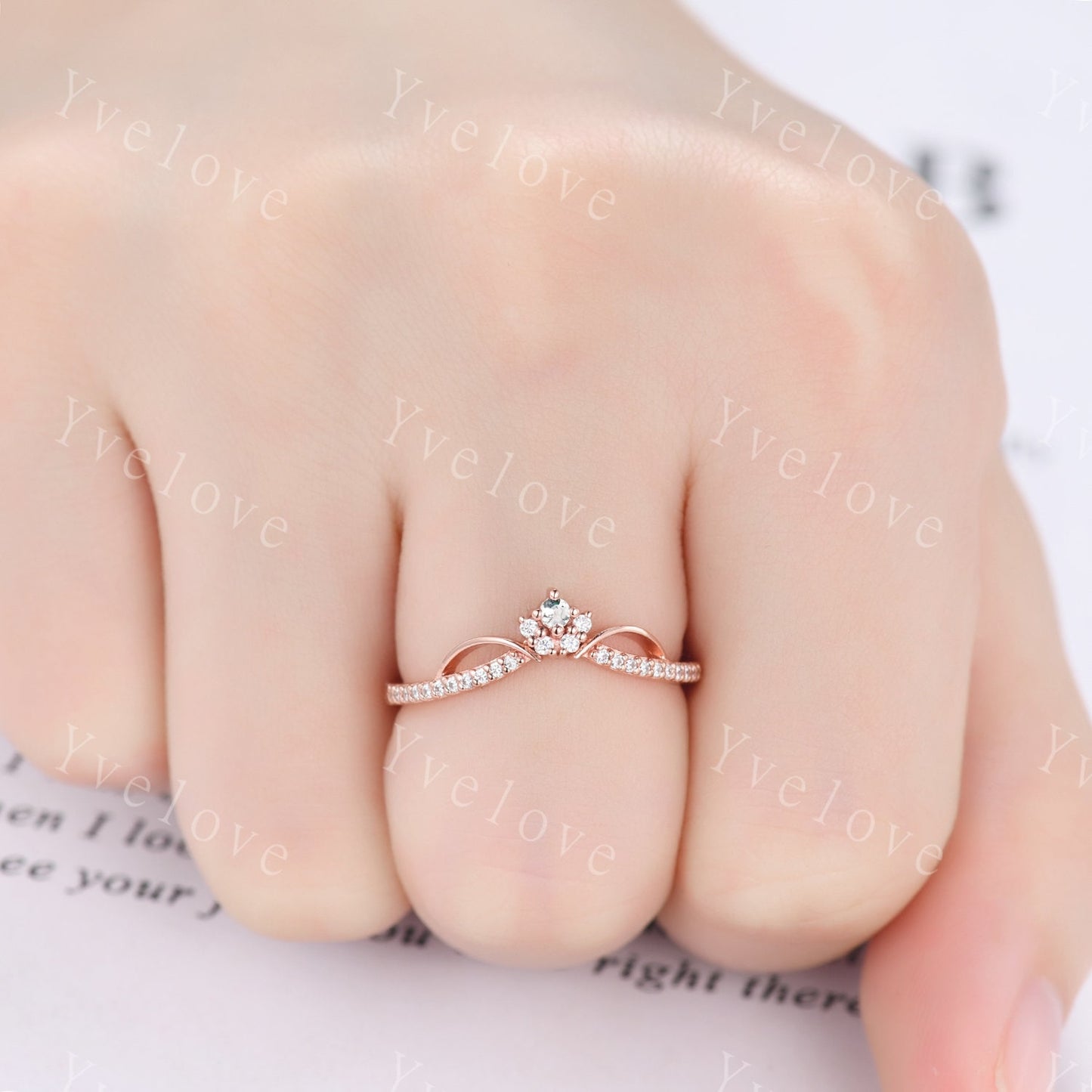 Dainty Moss Agate Moissanite Wedding Band V Curved Diamond Wedding Band Stacking Ring Matching Band Bridal Promise Anniversary Gift For Her