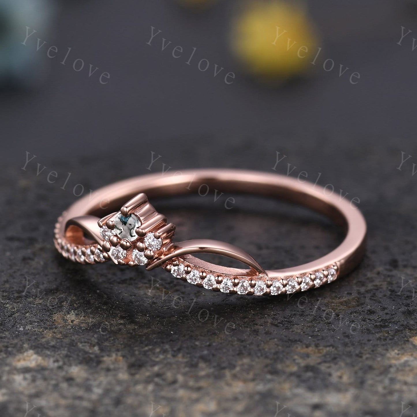 Dainty Moss Agate Moissanite Wedding Band V Curved Diamond Wedding Band Stacking Ring Matching Band Bridal Promise Anniversary Gift For Her