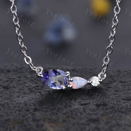 Unique Tanzanite Opal Necklace,Pear Cut Gems,Art Deco Moissanite Diamond Delicate Dainty Necklace,3 Stone Unique Women Bridal Gift,Silver