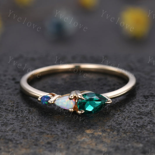 Vintage Emerald Opal Engagement Ring,Pear Cut Gems,Art Deco Black Opal Wedding Band,3 Stone Unique Women Bridal Promise Ring,Customized Gift