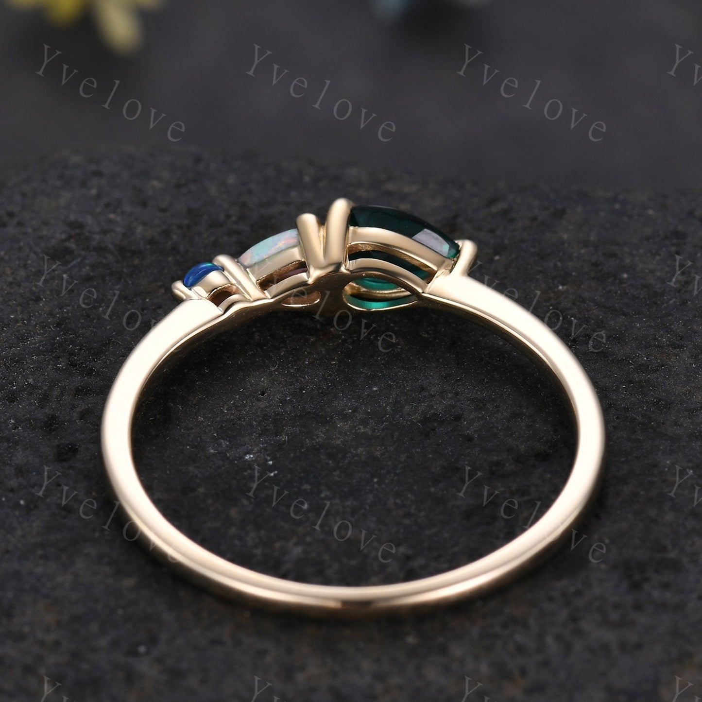 Vintage Emerald Opal Engagement Ring,Pear Cut Gems,Art Deco Black Opal Wedding Band,3 Stone Unique Women Bridal Promise Ring,Customized Gift