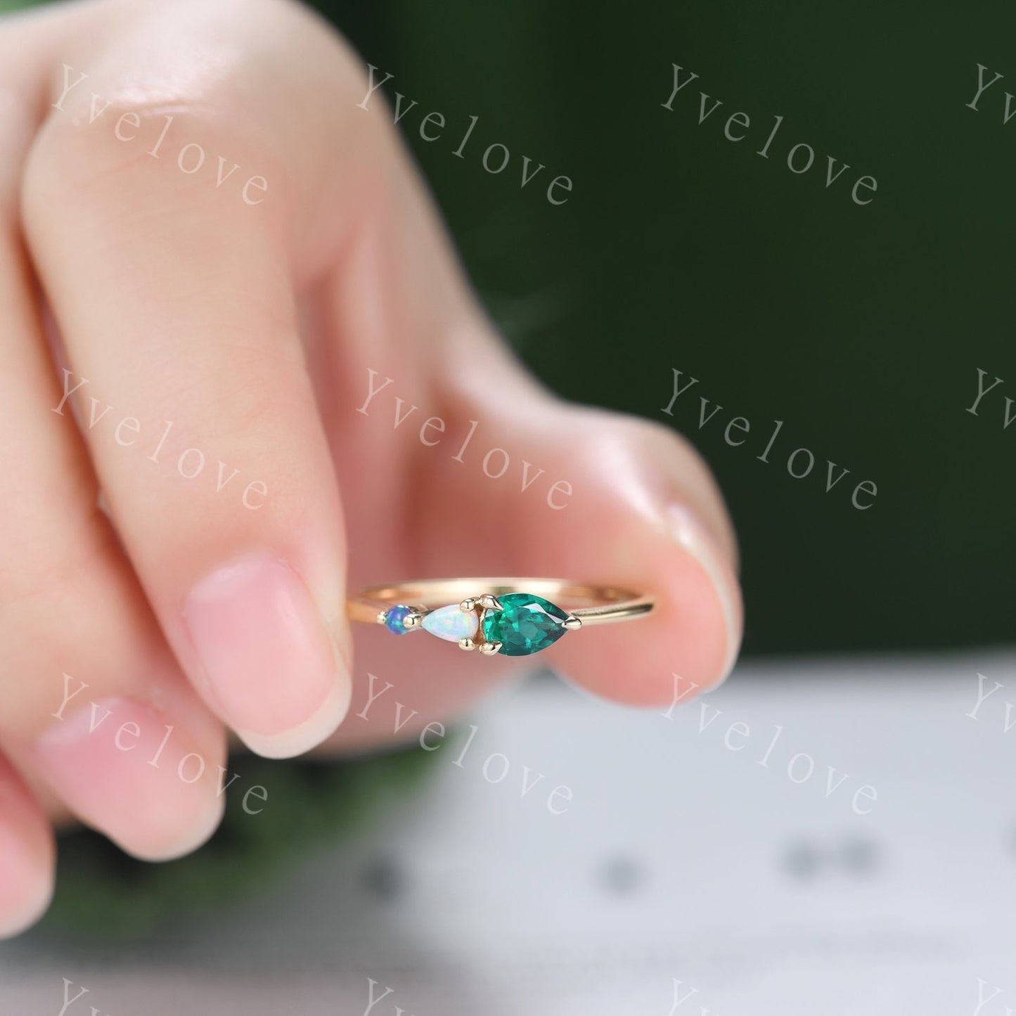 Vintage Emerald Opal Engagement Ring,Pear Cut Gems,Art Deco Black Opal Wedding Band,3 Stone Unique Women Bridal Promise Ring,Customized Gift
