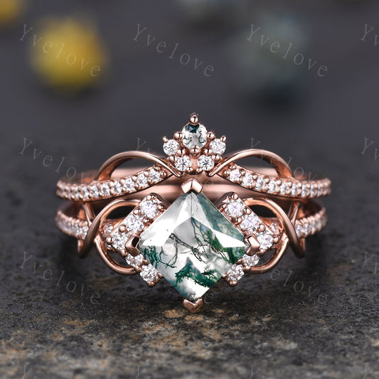 Vintage princess cut green moss agate engagement ring set 14k rose gold women diamond ring unique twist bridal wedding ring handmade gift