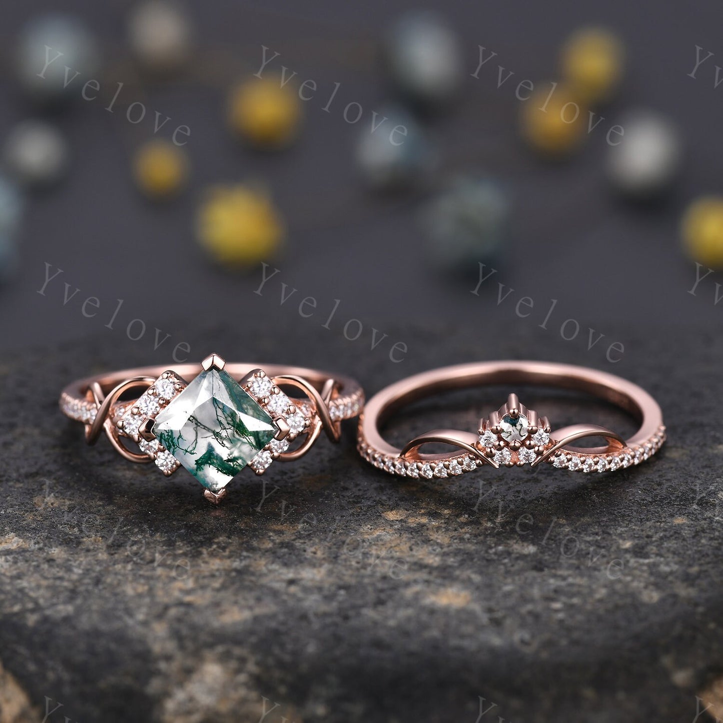Vintage princess cut green moss agate engagement ring set 14k rose gold women diamond ring unique twist bridal wedding ring handmade gift