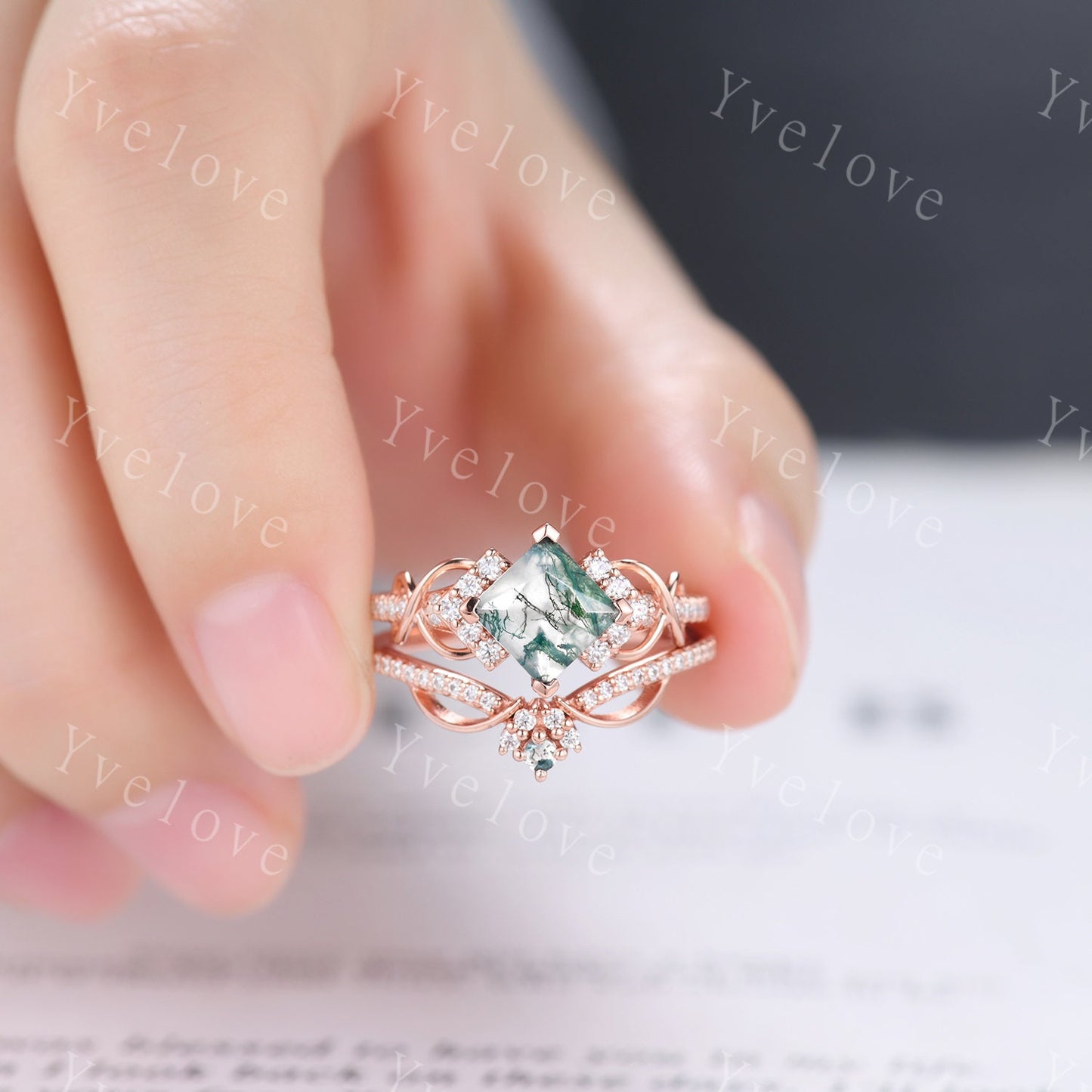 Vintage princess cut green moss agate engagement ring set 14k rose gold women diamond ring unique twist bridal wedding ring handmade gift