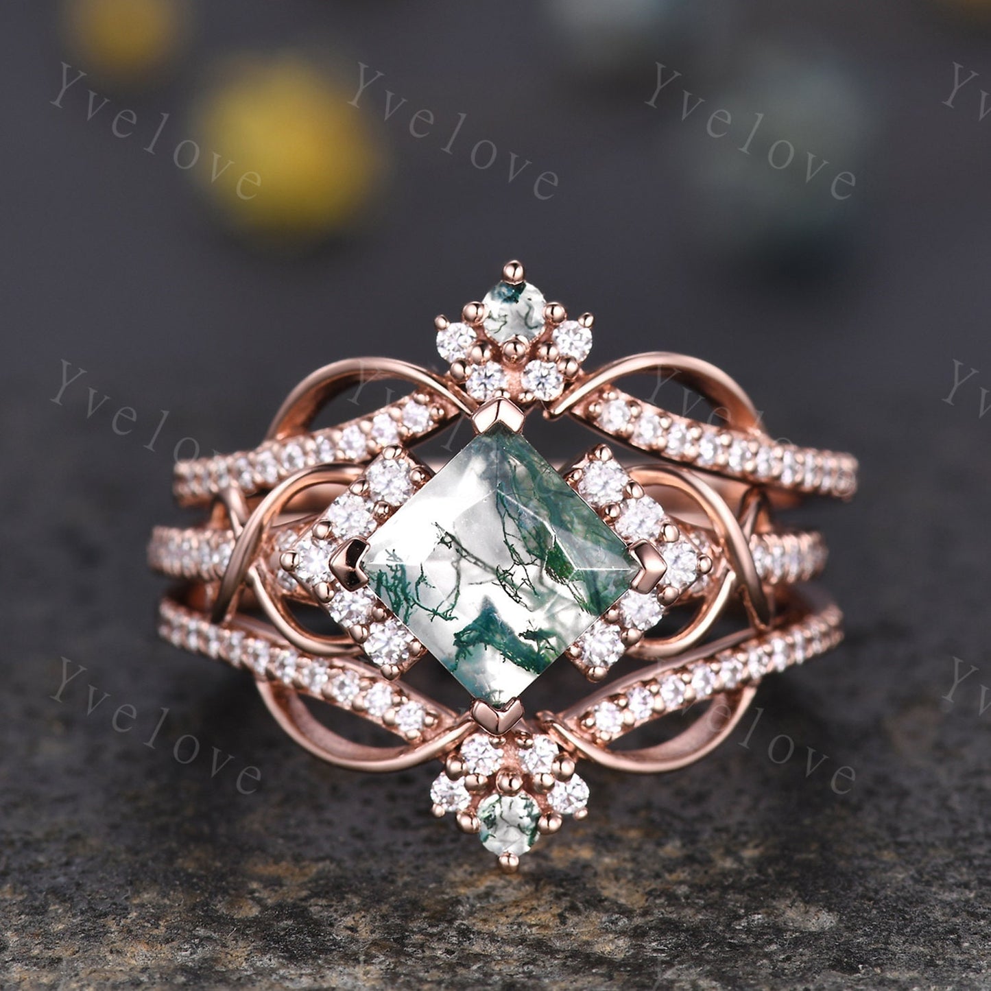 Vintage princess cut green moss agate engagement ring 14k rose gold women diamond ring unique twist bridal wedding ring handmade gift
