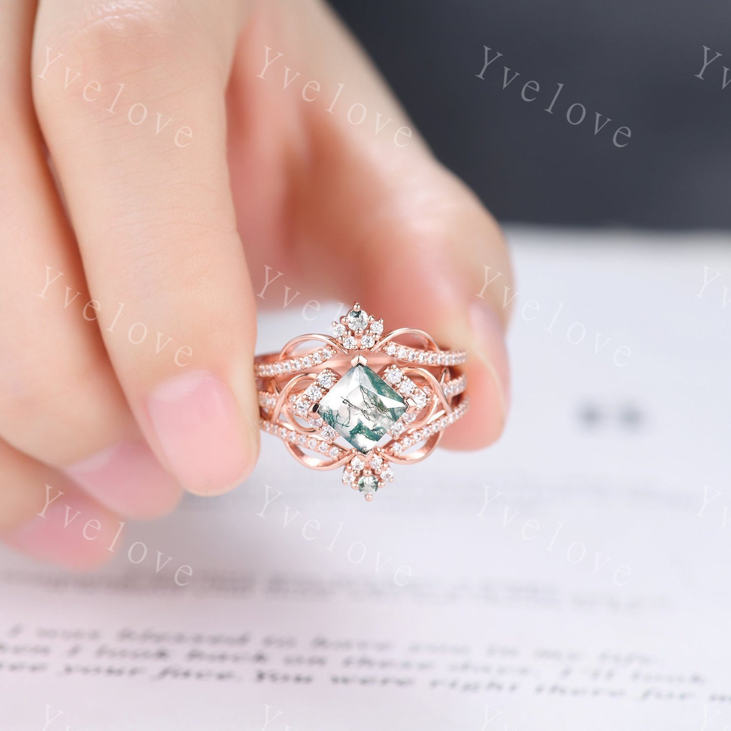 Vintage princess cut green moss agate engagement ring set 14k rose gold women diamond ring unique twist bridal wedding ring handmade gift