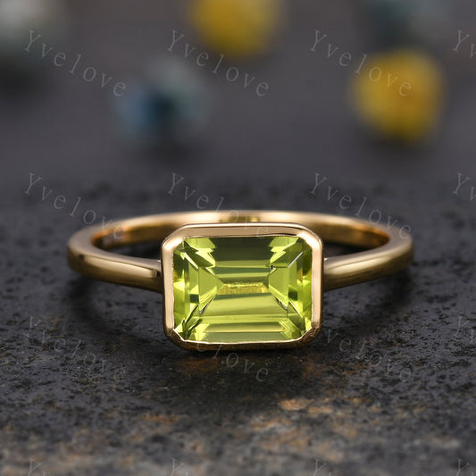 Emerald Cut Peridot Engagement Ring,East To West Ring,Solitaire Ring,Bezel Set Ring,Bridal Wedding Ring,Solid Gold,Thin band Women Ring Gift