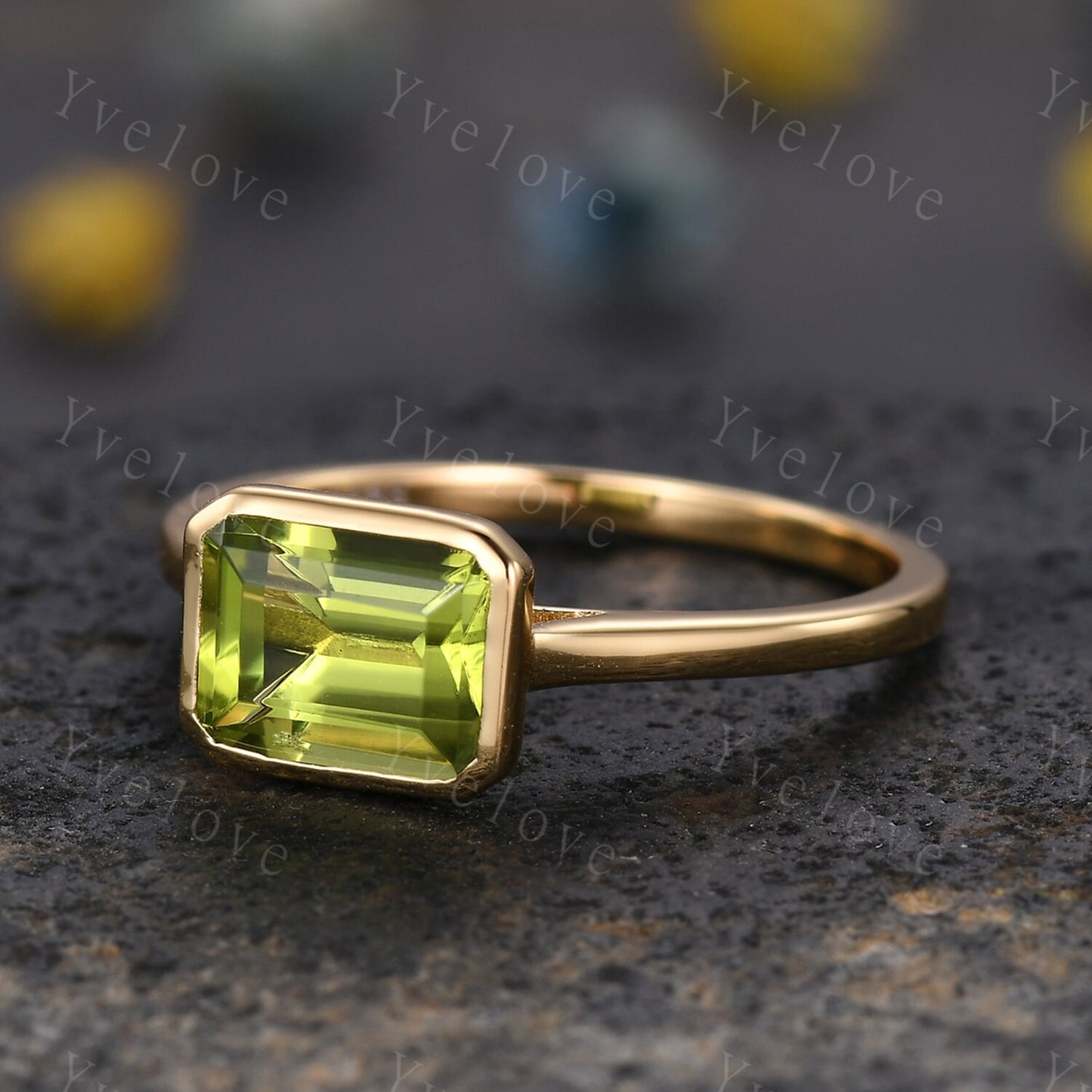 Emerald Cut Peridot Engagement Ring,East To West Ring,Solitaire Ring,Bezel Set Ring,Bridal Wedding Ring,Solid Gold,Thin band Women Ring Gift