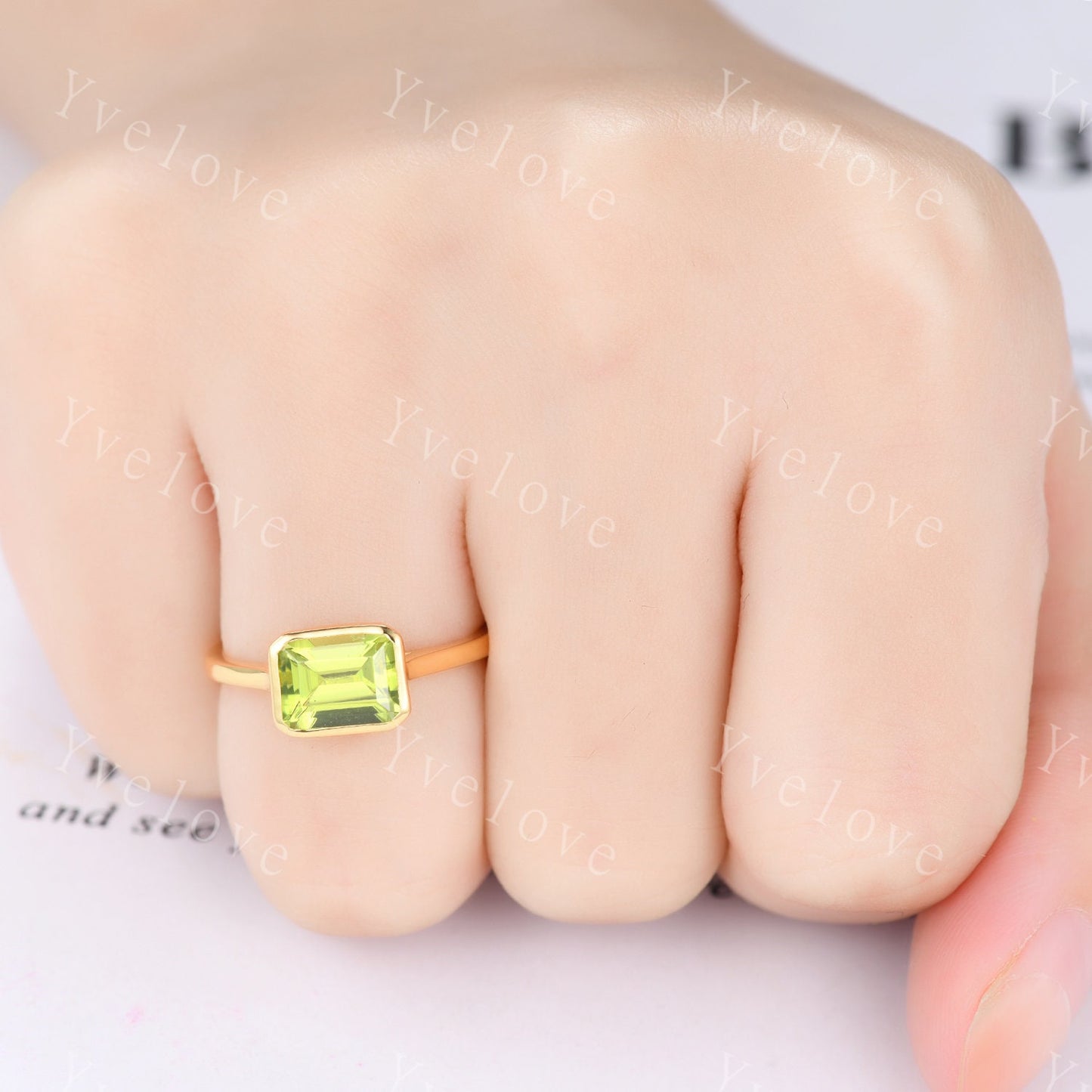 Emerald Cut Peridot Engagement Ring,East To West Ring,Solitaire Ring,Bezel Set Ring,Wedding Ring,Solid White Gold,Thin band Bridal Gift