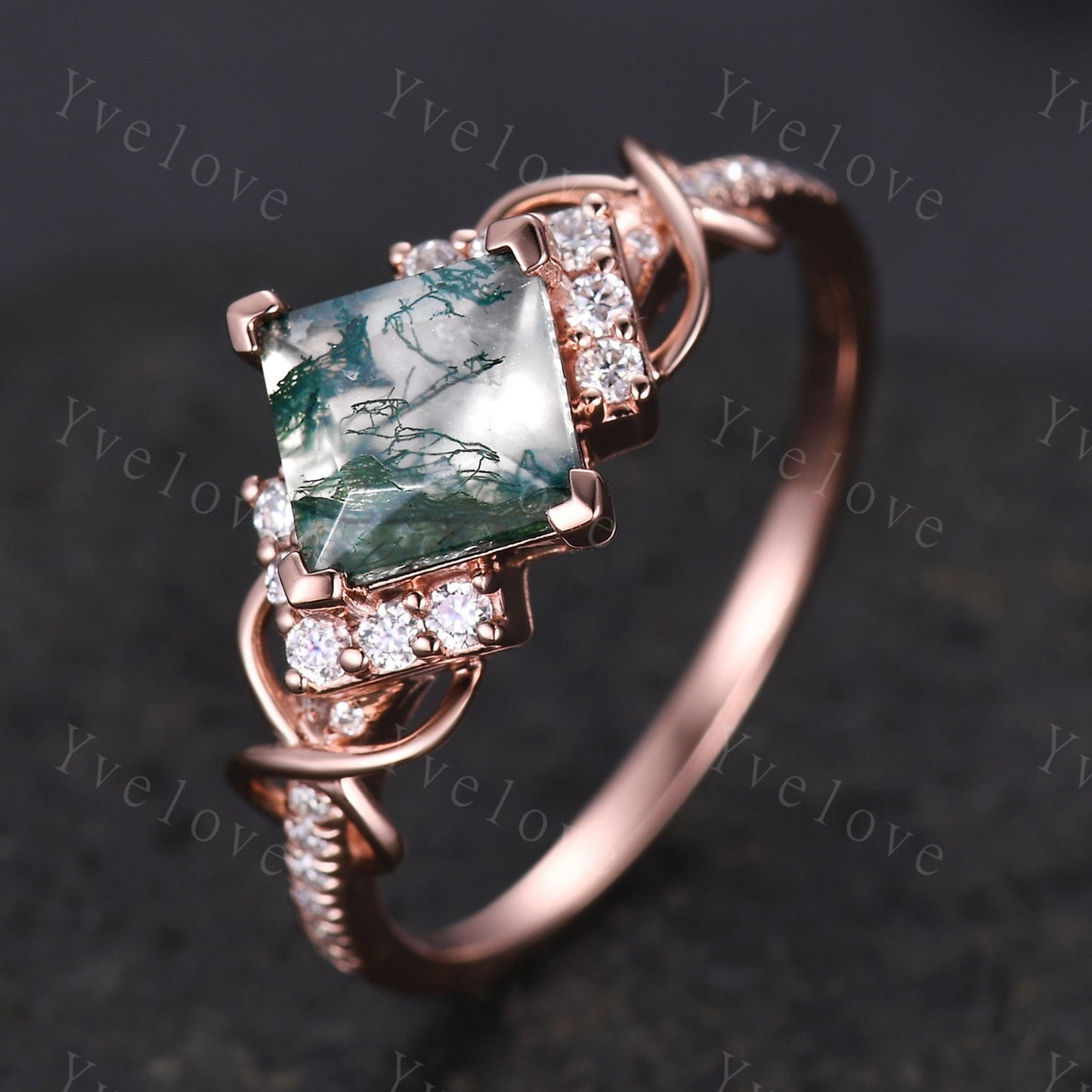 Vintage princess cut green moss agate engagement ring 14k rose gold women diamond ring unique twist bridal wedding ring handmade gift