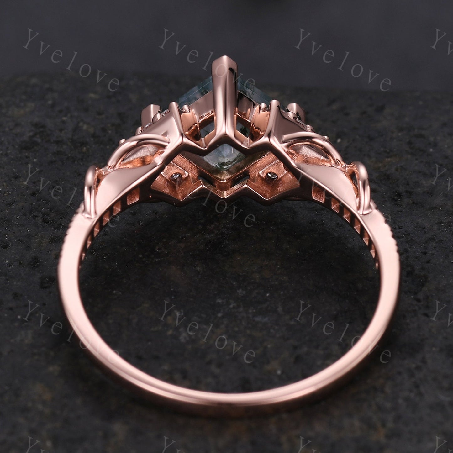 Vintage princess cut green moss agate engagement ring 14k rose gold women diamond ring unique twist bridal wedding ring handmade gift