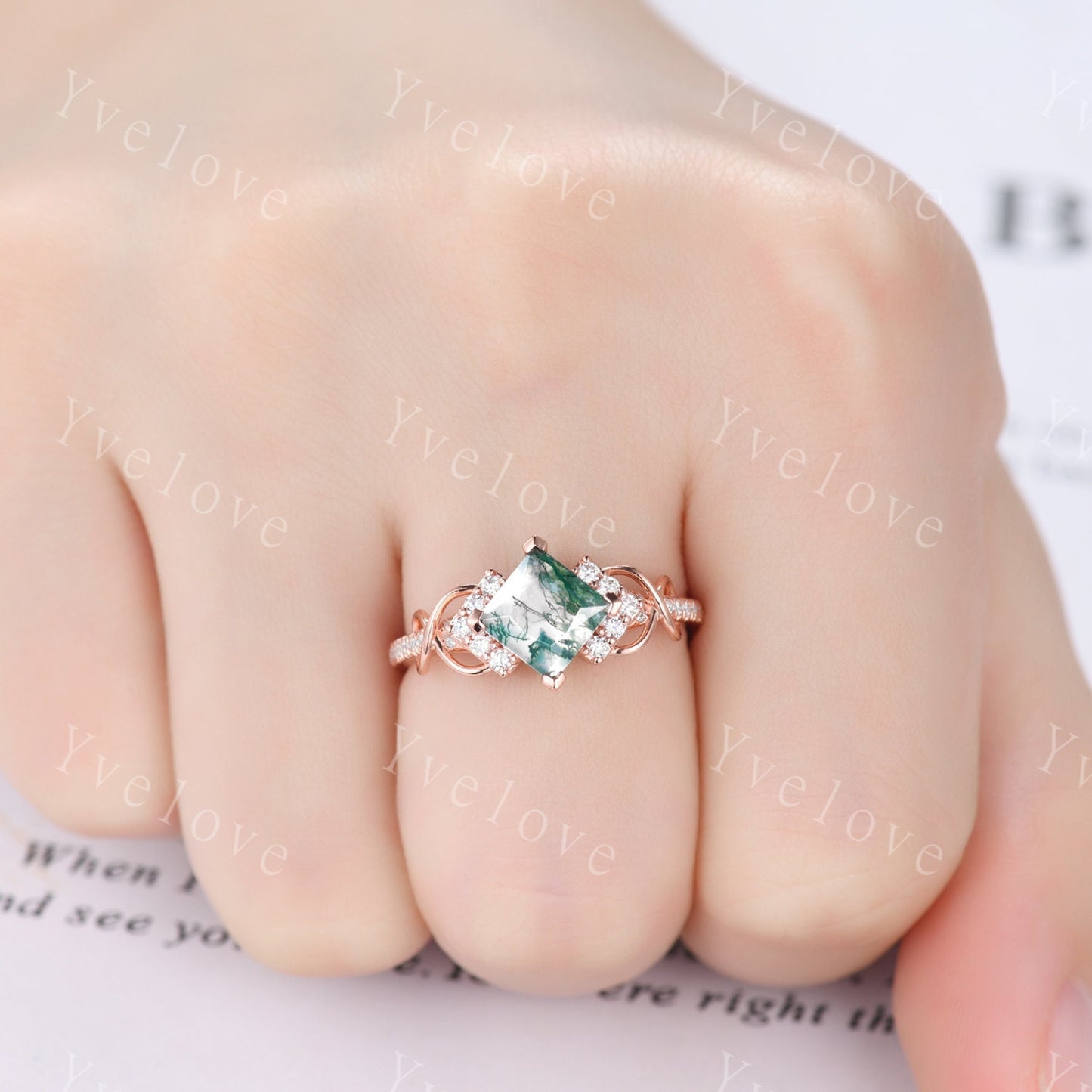 Vintage princess cut green moss agate engagement ring 14k rose gold women diamond ring unique twist bridal wedding ring handmade gift