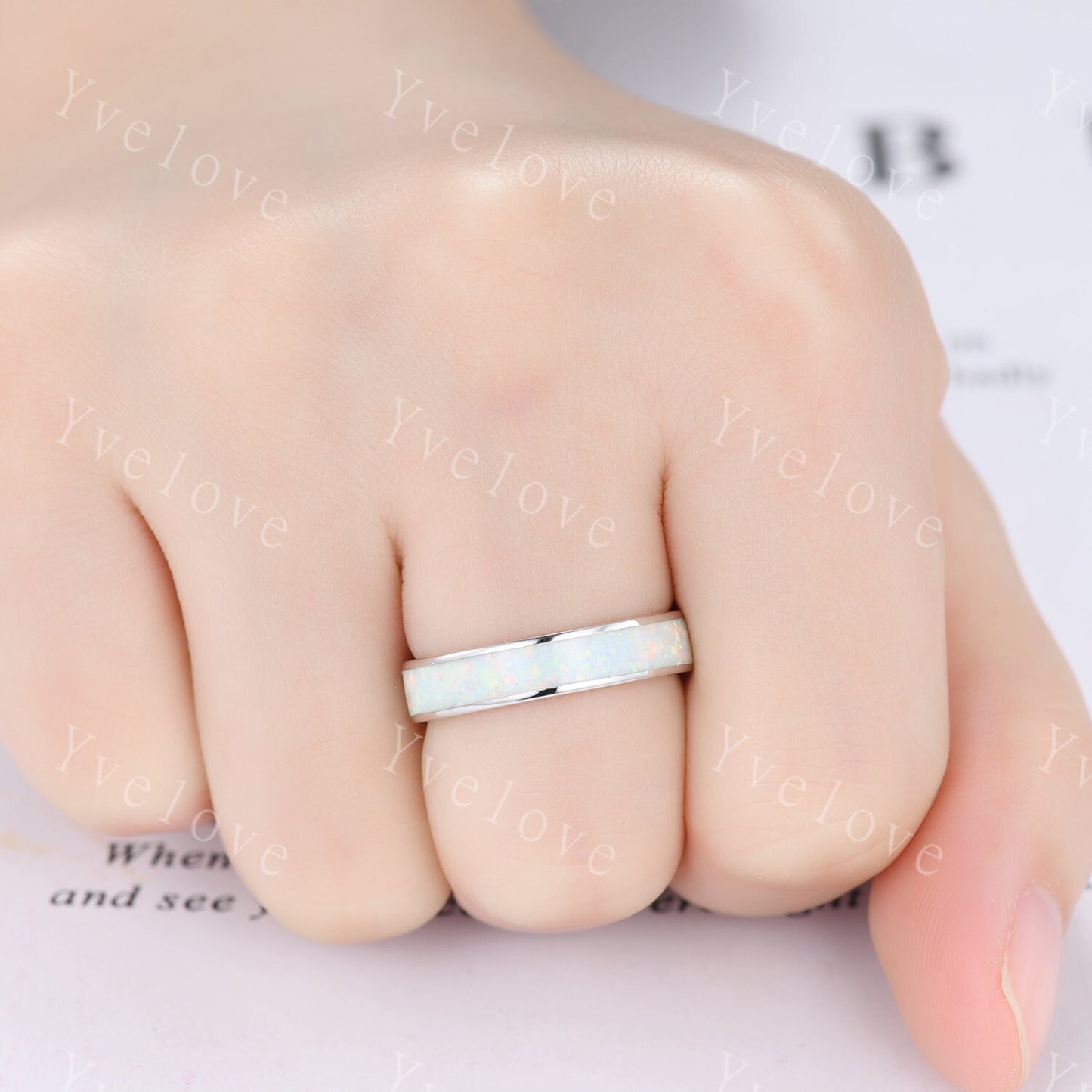 Custom order for Courtney, 6mm width band with full eternity opal, 14K white gold.
