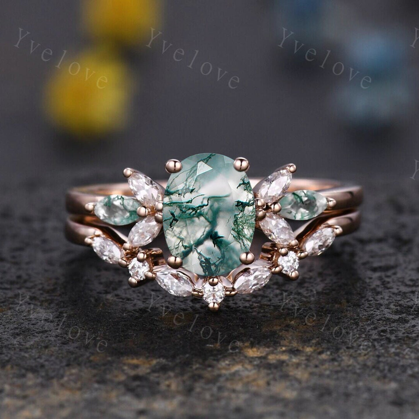 Moss Agate Engagement Ring Set Women Stacking Matching Band Moissanite Green Agate Ring Unique Vintage Floral Design Promise Bridal Set Gift