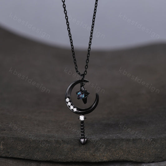 Unique Moon Star Necklace Black Gold Moissanite Necklace Starry Sky Alexandrite Pendant Necklace for Women Art Deco Celestial Promise Gift