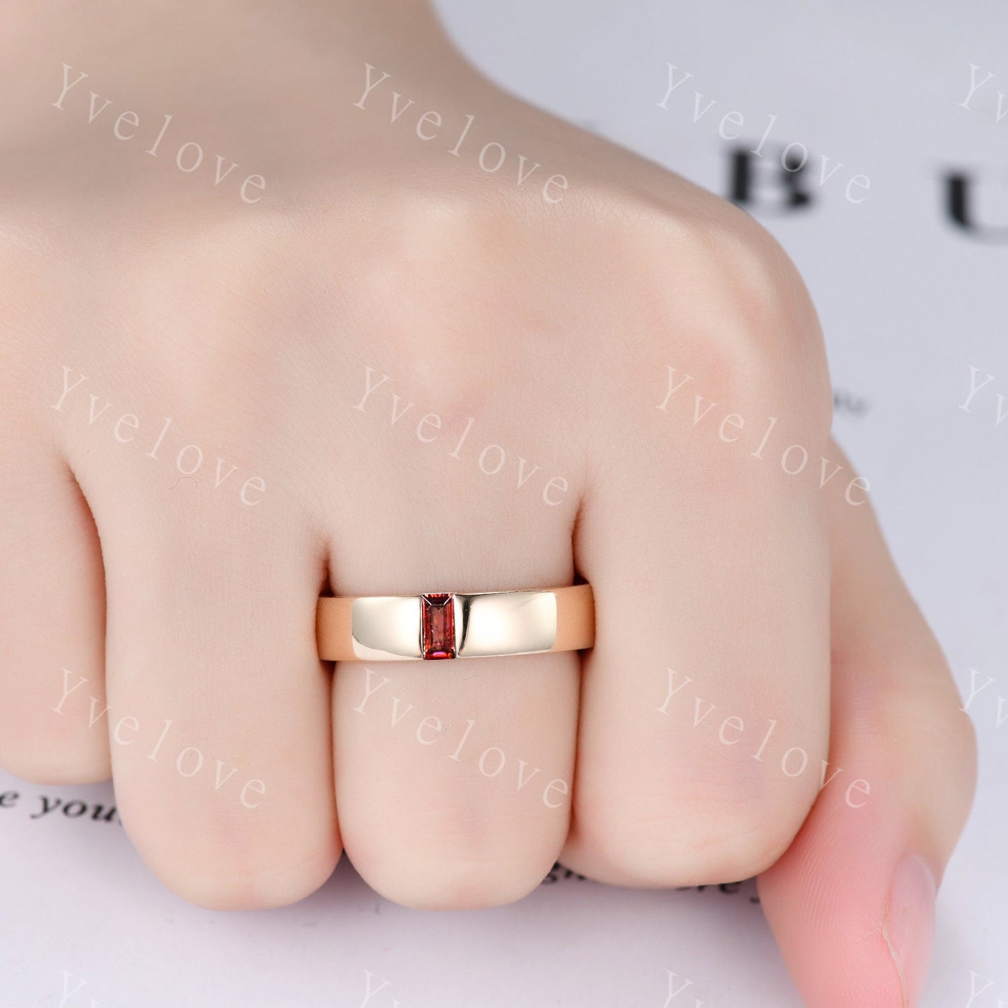 Mens Red Garnet Wedding Band Baguette Cut Garnet Band 5mm Rose Gold Ring Mens Solitaire Stacking Matching Band Retro Vintage Ring Gift