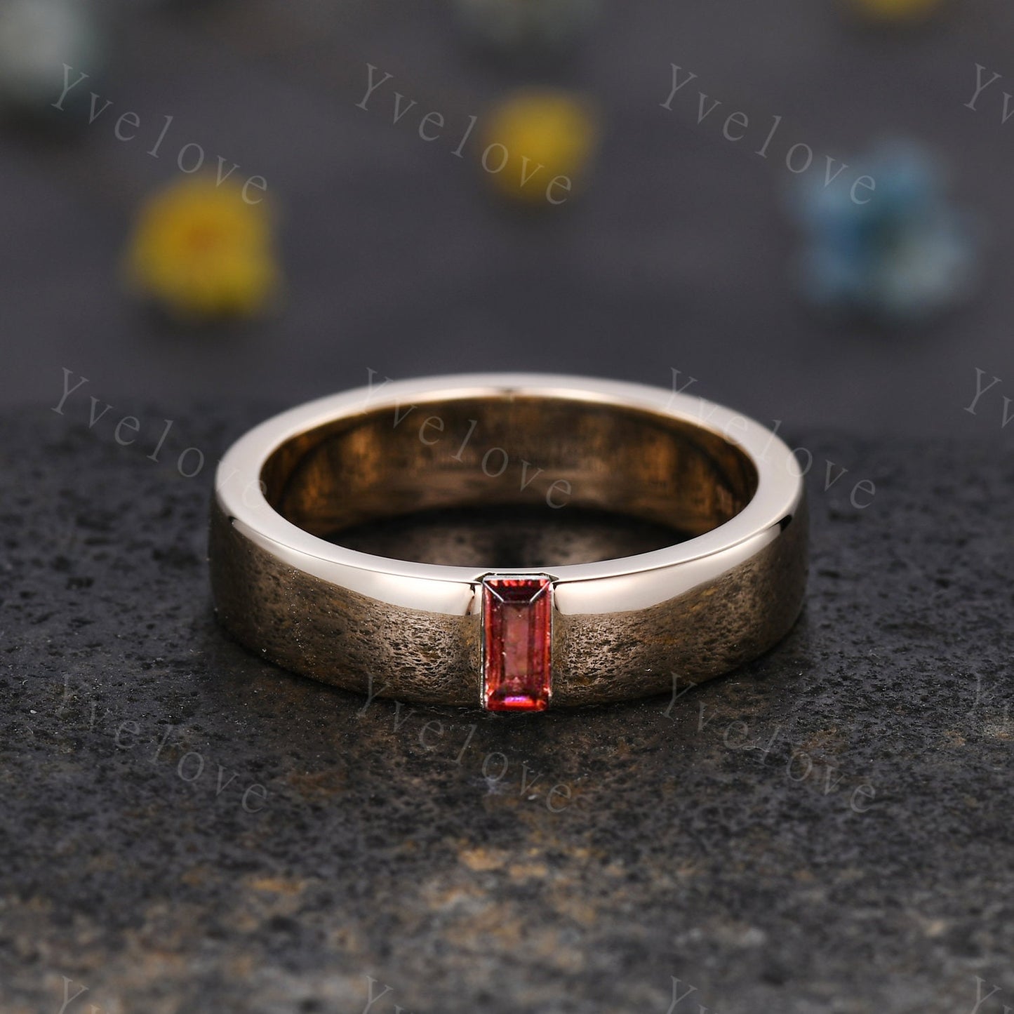 Mens Red Garnet Wedding Band Baguette Cut Garnet Band 5mm Rose Gold Ring Mens Solitaire Stacking Matching Band Retro Vintage Ring Gift
