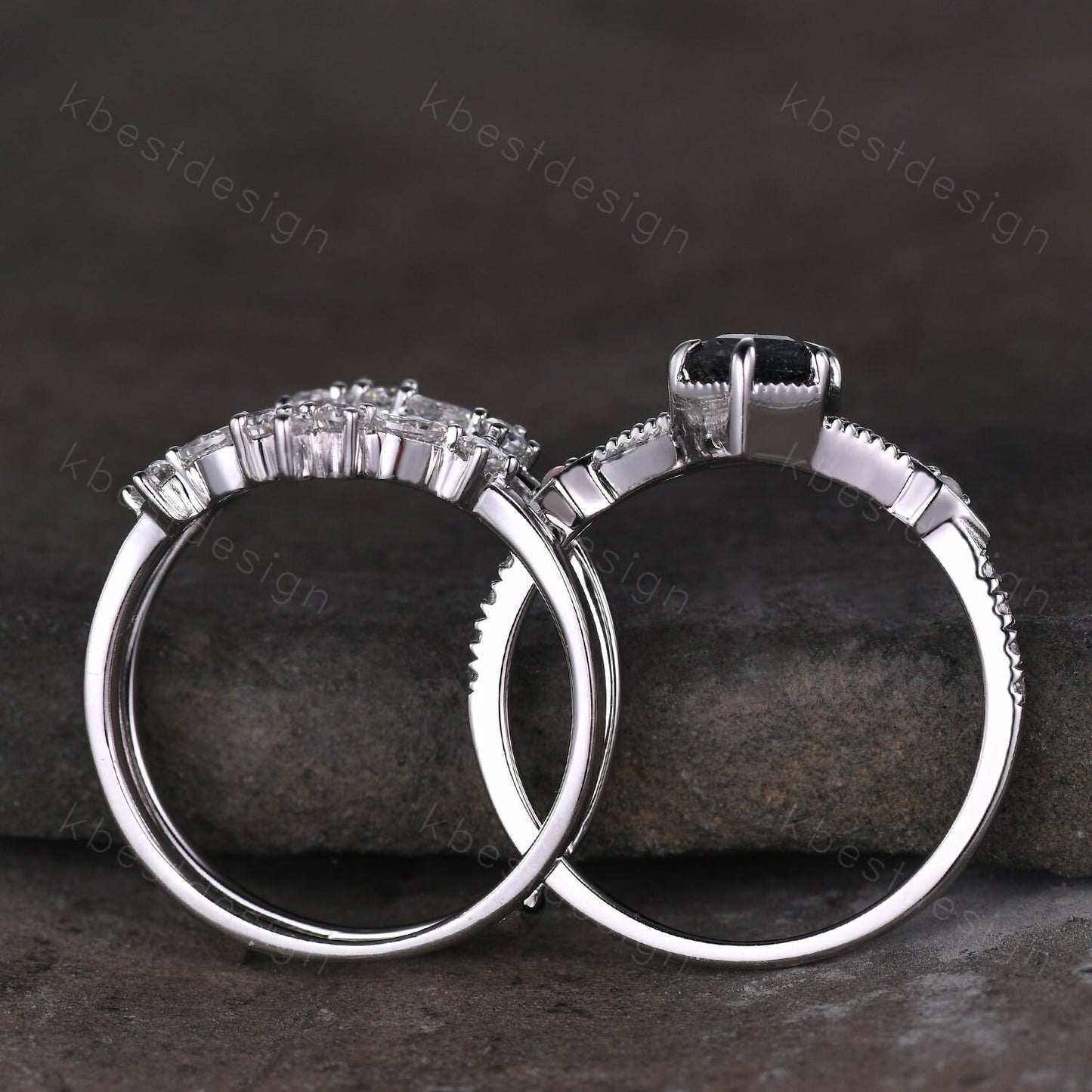 Antique Black Rutilated Quartz Engagement Ring Set Hexagon cut Engagement Ring Unique Art Deco Moissanite Stacking Matching Band Promise Set