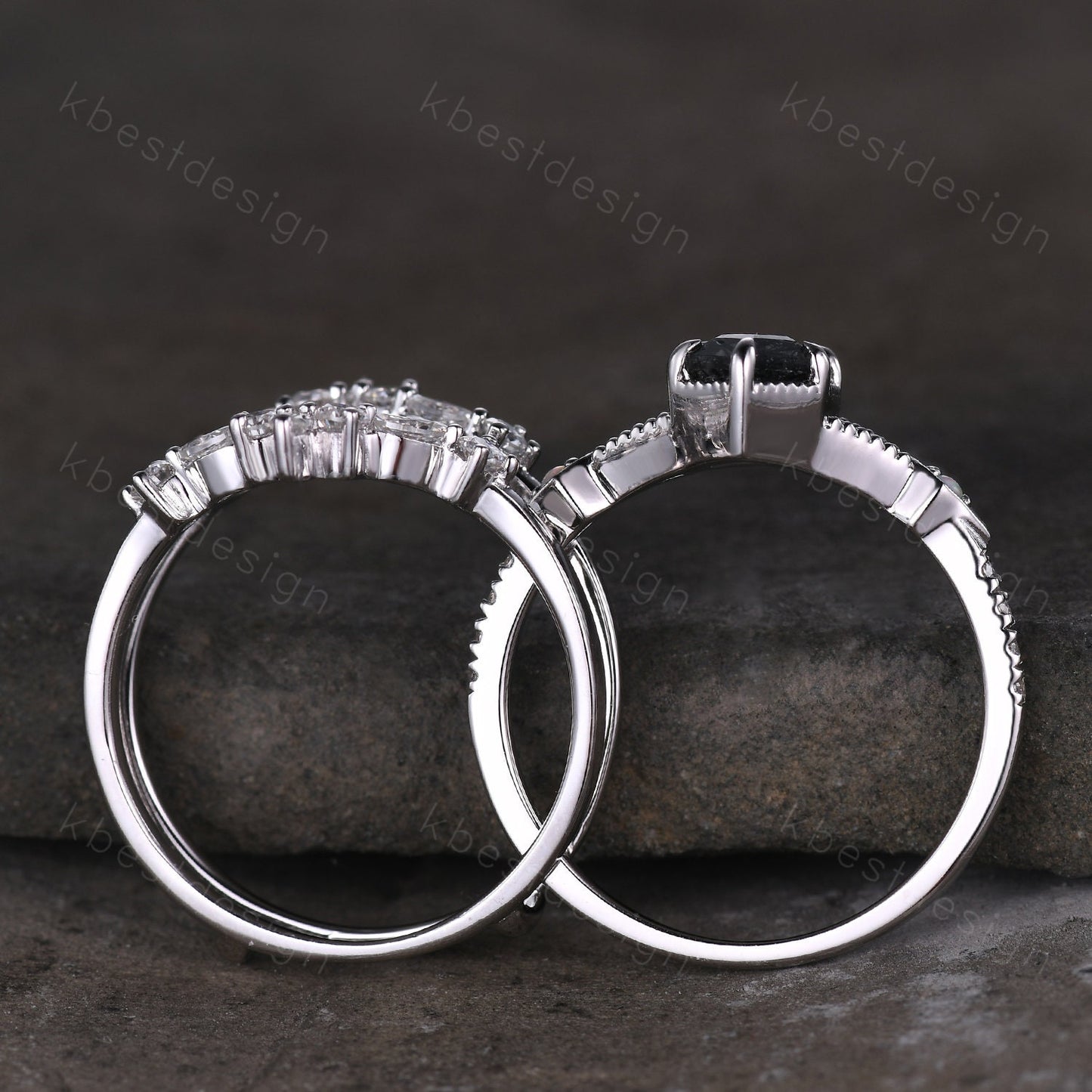 Antique Black Rutilated Quartz Engagement Ring Set Hexagon cut Engagement Ring Unique Art Deco Moissanite Stacking Matching Band Promise Set