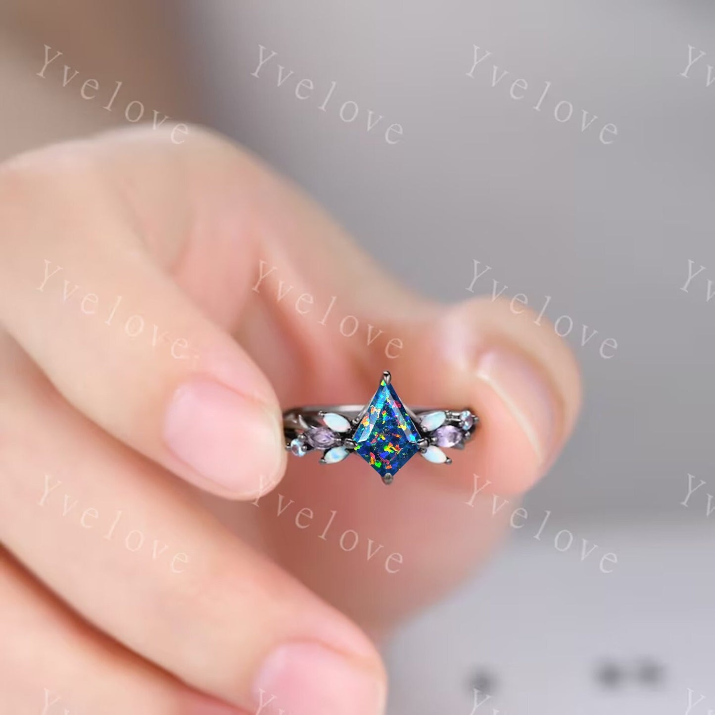 Vintage Kite Black Opal Engagement Ring Set,Black Gold,Vines Amethyst Opal Ring,Women Bridal Set,Unique Twig Anniversary Promise Ring Gift
