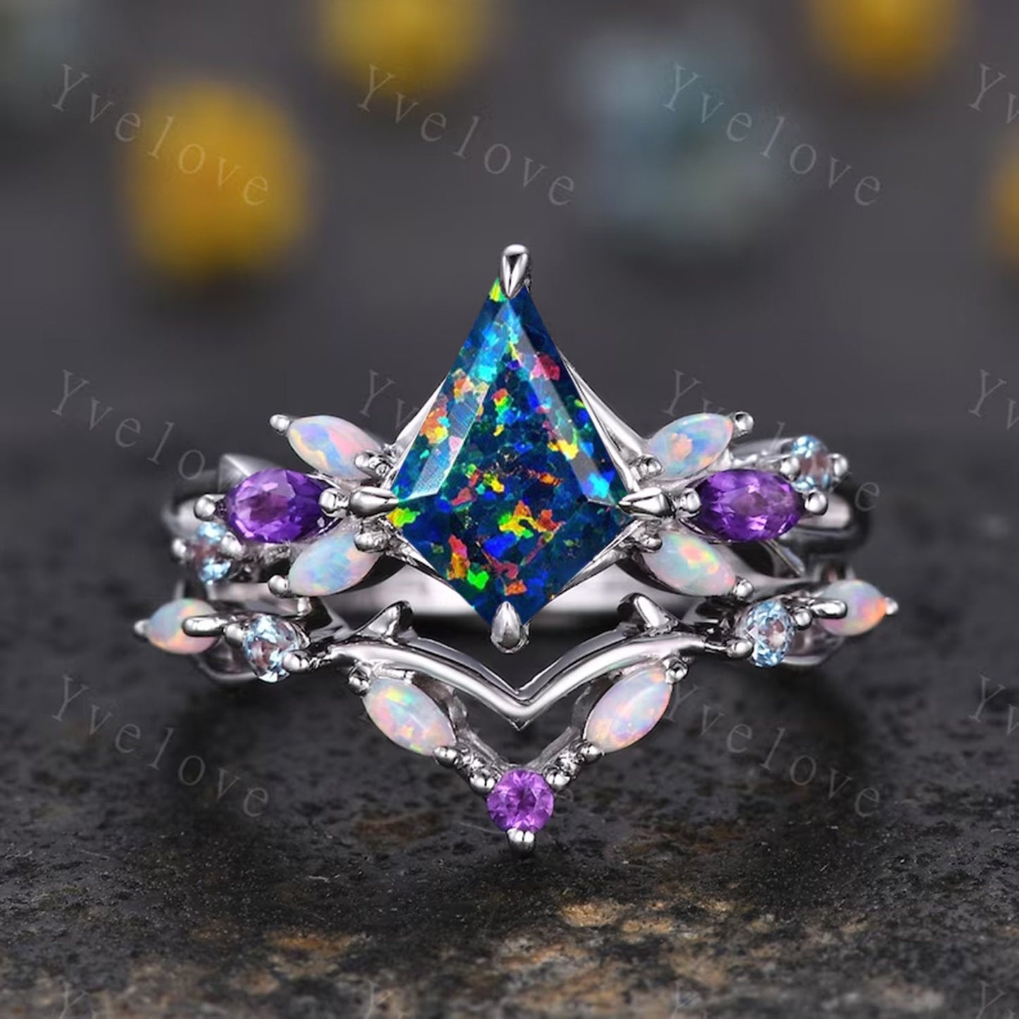 Vintage Kite Black Opal Engagement Ring,Black Gold Ring,Vines Amethyst Opal Ring,Women Bridal Set,Unique Twig Anniversary Promise Ring Gift