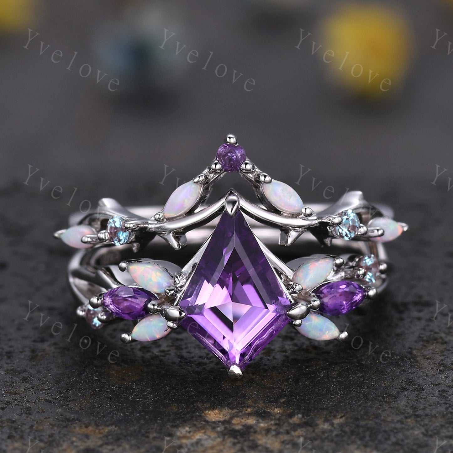 Vintage Kite Amethyst Engagement Ring Set,White Gold,Vines Amethyst Opal Ring,Women Bridal Set,Unique Twig Anniversary Promise Ring Gift