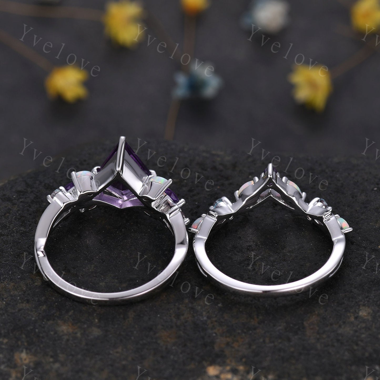 Vintage Kite Amethyst Engagement Ring Set,White Gold,Vines Amethyst Opal Ring,Women Bridal Set,Unique Twig Anniversary Promise Ring Gift