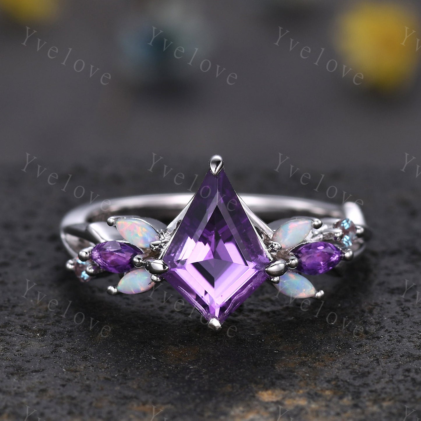 Vintage Kite Amethyst Engagement Ring Set,White Gold,Vines Amethyst Opal Ring,Women Bridal Set,Unique Twig Anniversary Promise Ring Gift