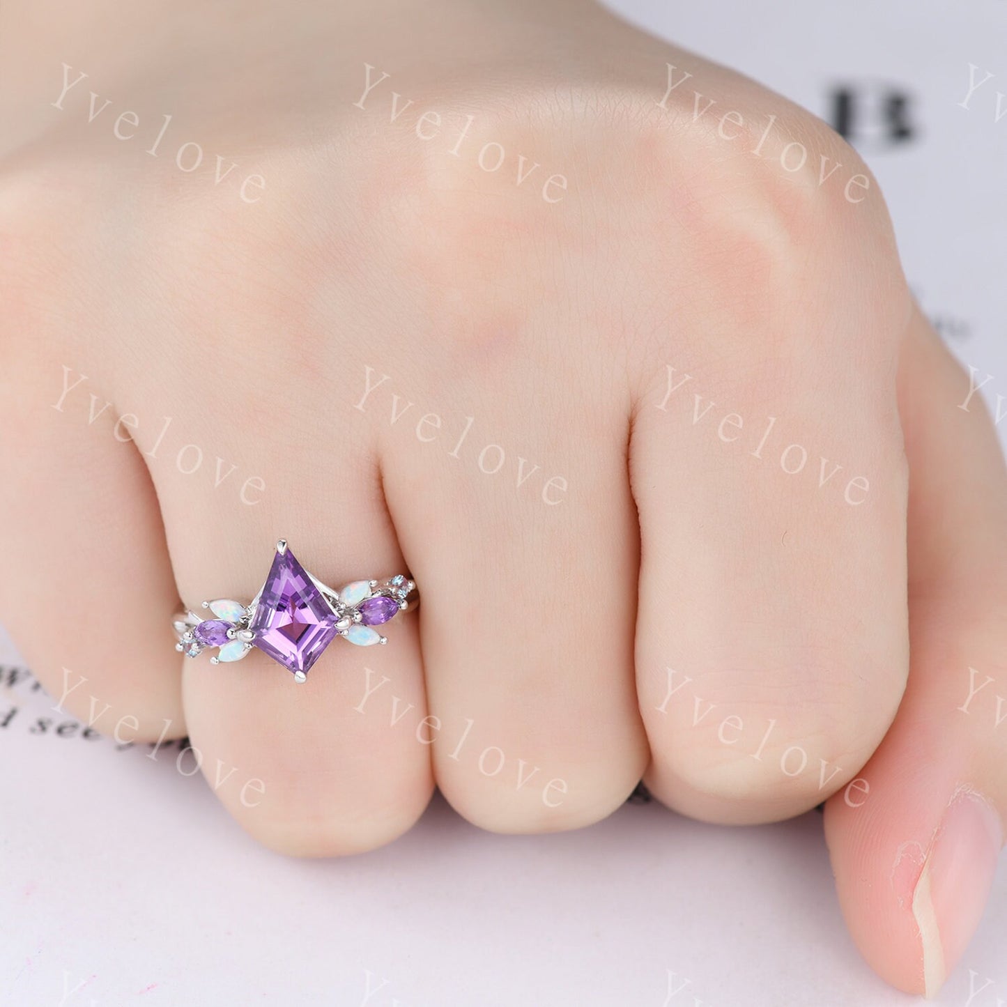 Vintage Kite Amethyst Engagement Ring Set,White Gold,Vines Amethyst Opal Ring,Women Bridal Set,Unique Twig Anniversary Promise Ring Gift