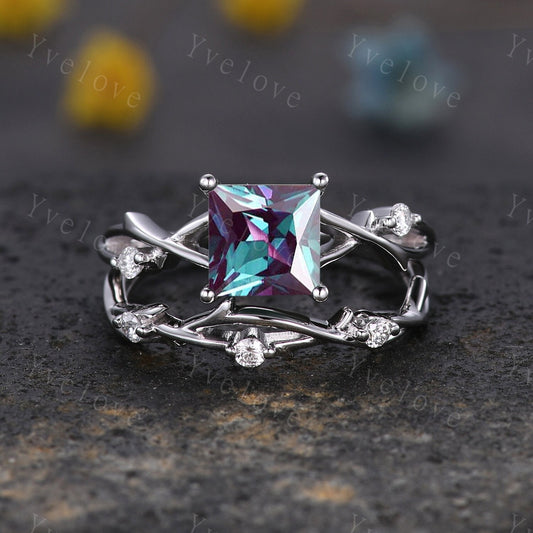 Unique Princess cut Alexandrite Engagement Ring Set,Art Deco Branch Twig Diamond Ring,Silver,Promise Wedding Ring Anniversary Gift For her