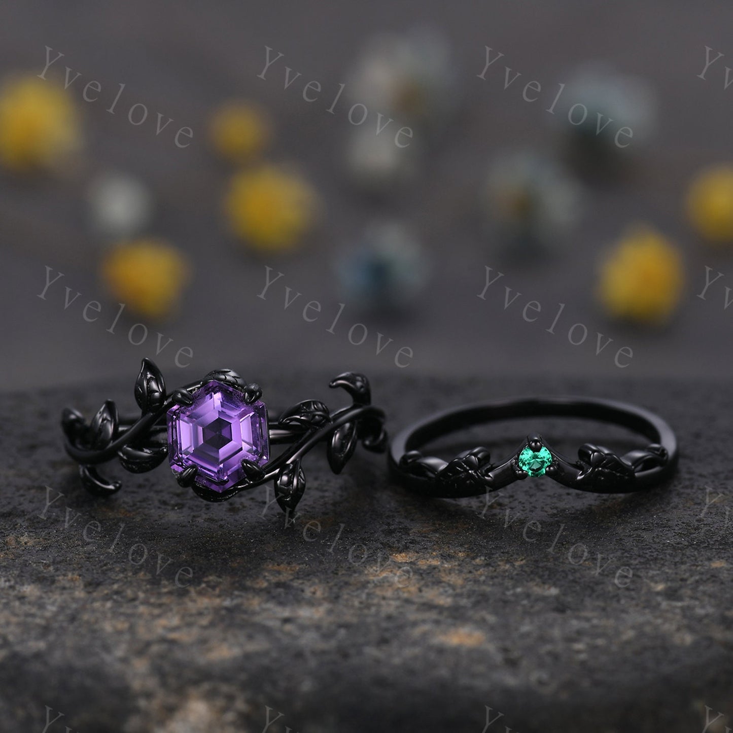 Hexagon Amethyst Ring Set,Vintage Twig Vine Leaf Ring,Unique Amethyst Engagement Ring,Emerald Ring,Rhodium Black Promise Bridal Ring Gift