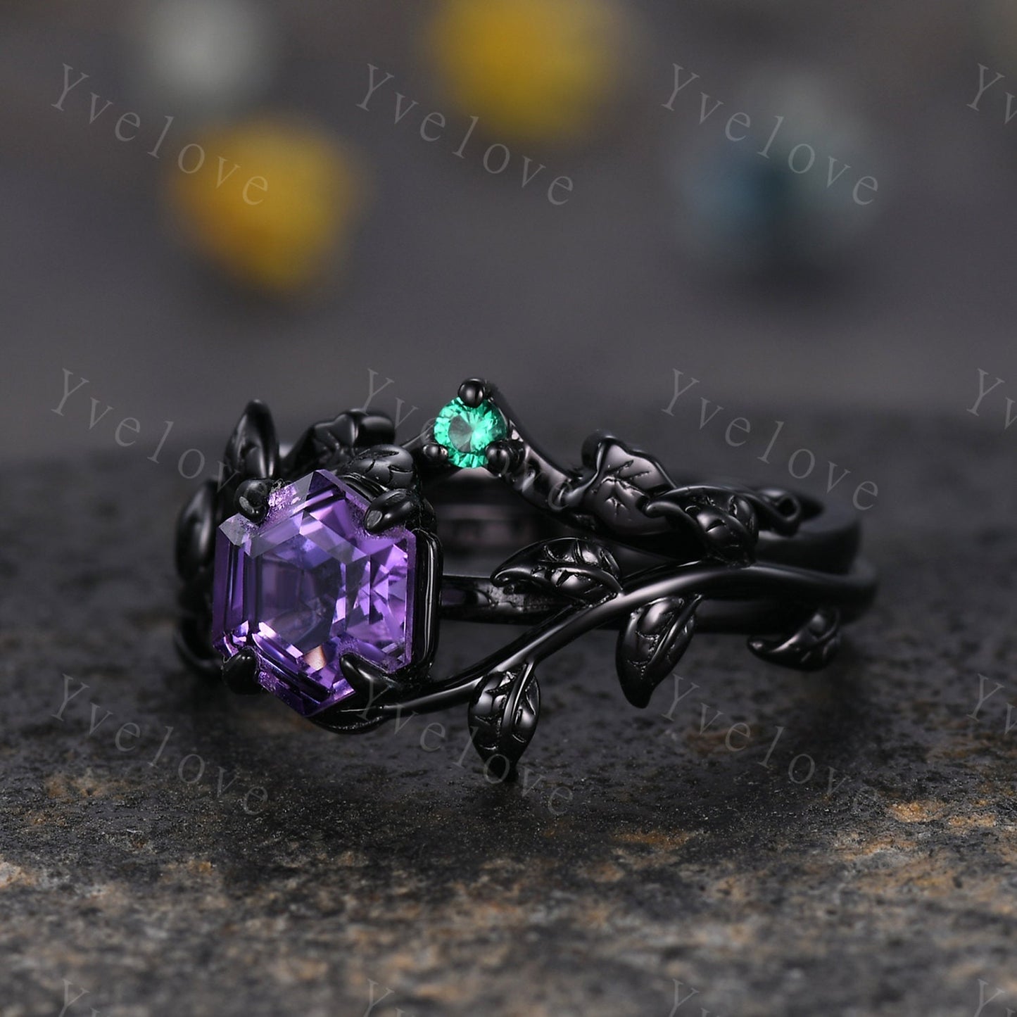 Hexagon Amethyst Ring Set,Vintage Twig Vine Leaf Ring,Unique Amethyst Engagement Ring,Emerald Ring,Rhodium Black Promise Bridal Ring Gift
