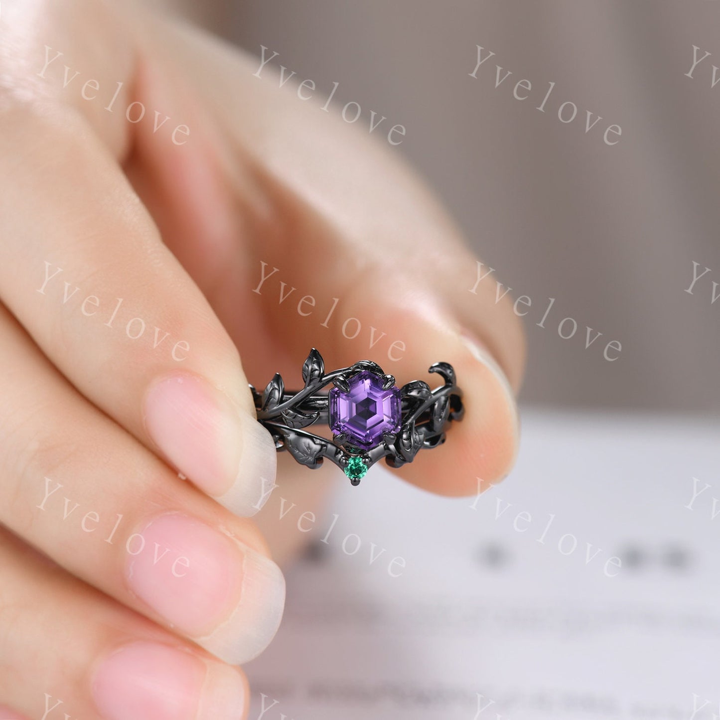 Hexagon Amethyst Ring Set,Vintage Twig Vine Leaf Ring,Unique Amethyst Engagement Ring,Emerald Ring,Rhodium Black Promise Bridal Ring Gift