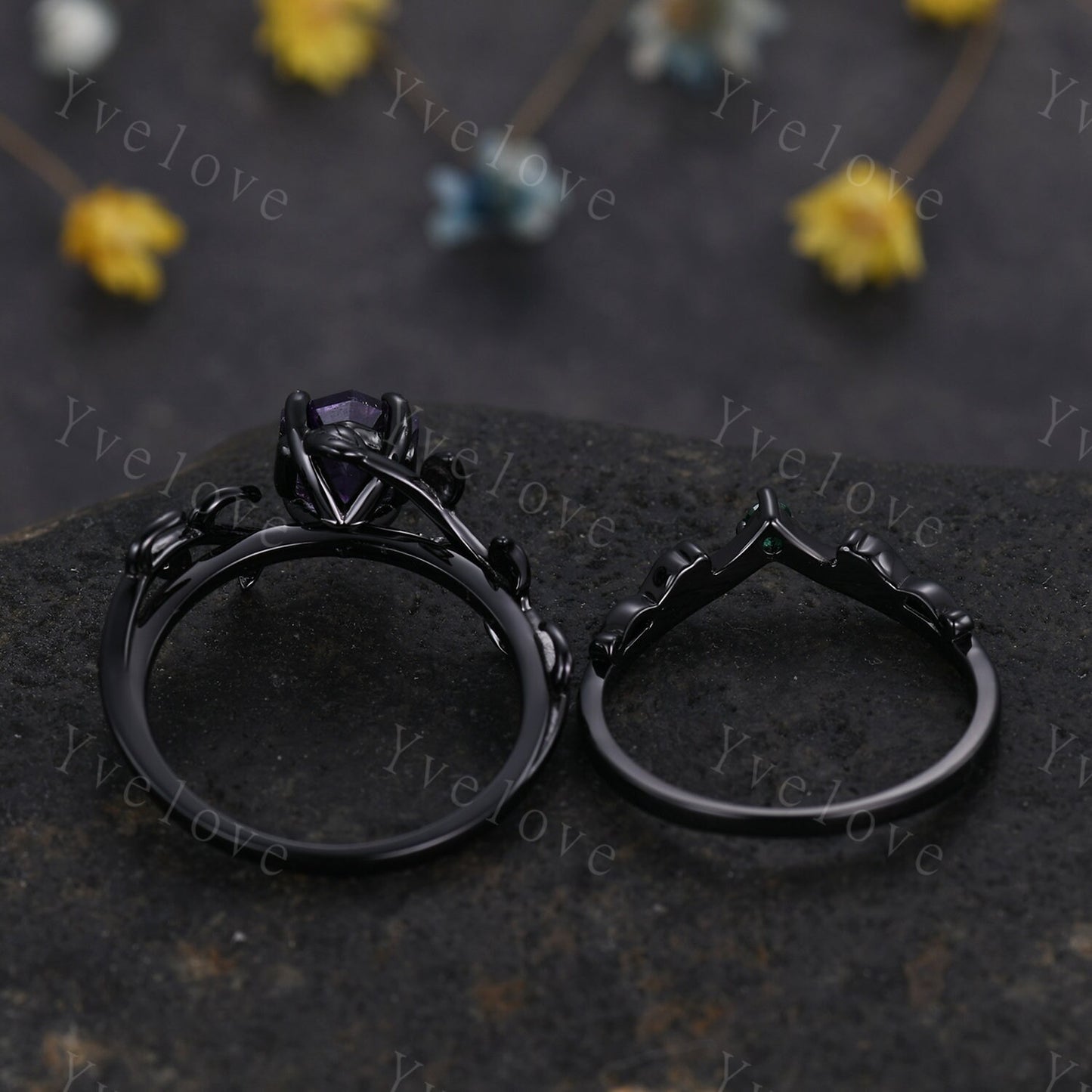 Hexagon Amethyst Ring Set,Vintage Twig Vine Leaf Ring,Unique Amethyst Engagement Ring,Emerald Ring,Rhodium Black Promise Bridal Ring Gift