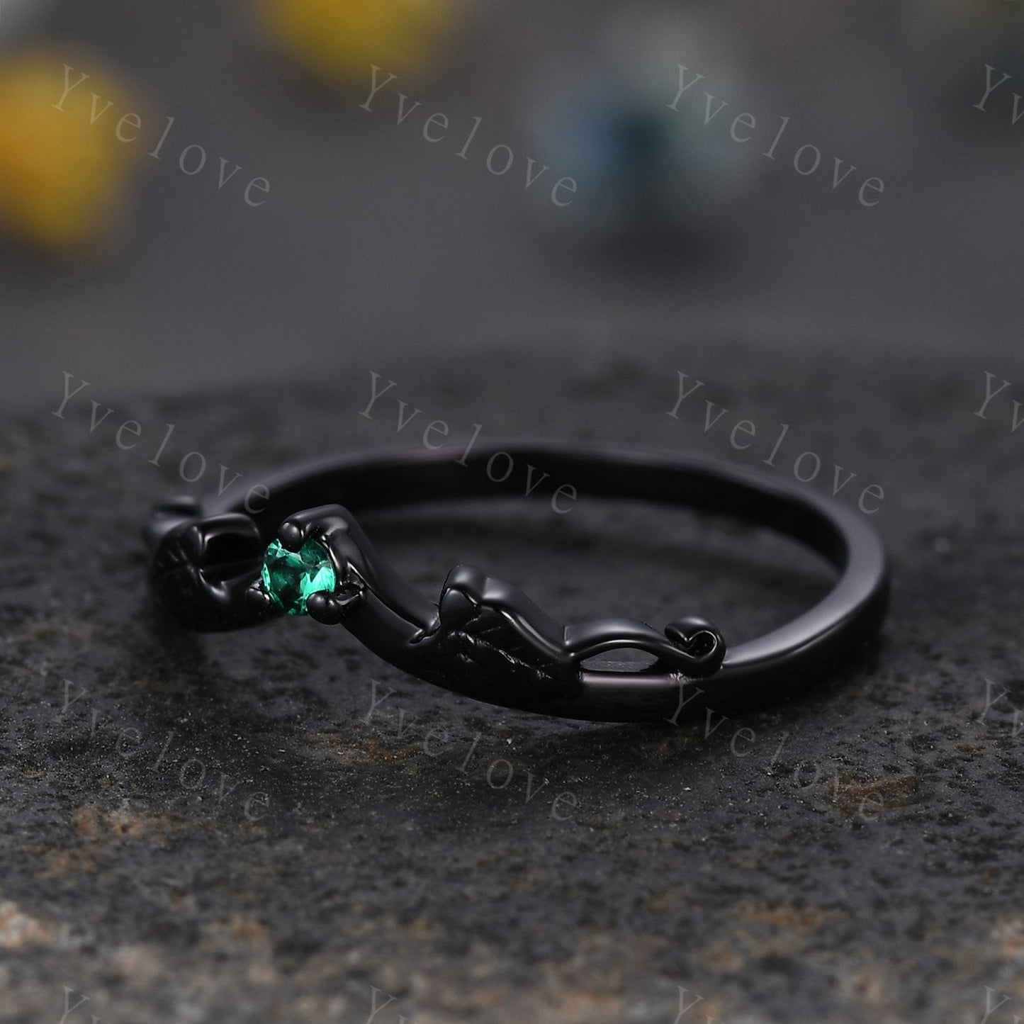 Minimalist Emerald Twig Engagement Ring,Twig Leaf Matching Band,Women Vine Band,Art Deco V Curved Branch Wedding Band,Black Gold Ring Gift