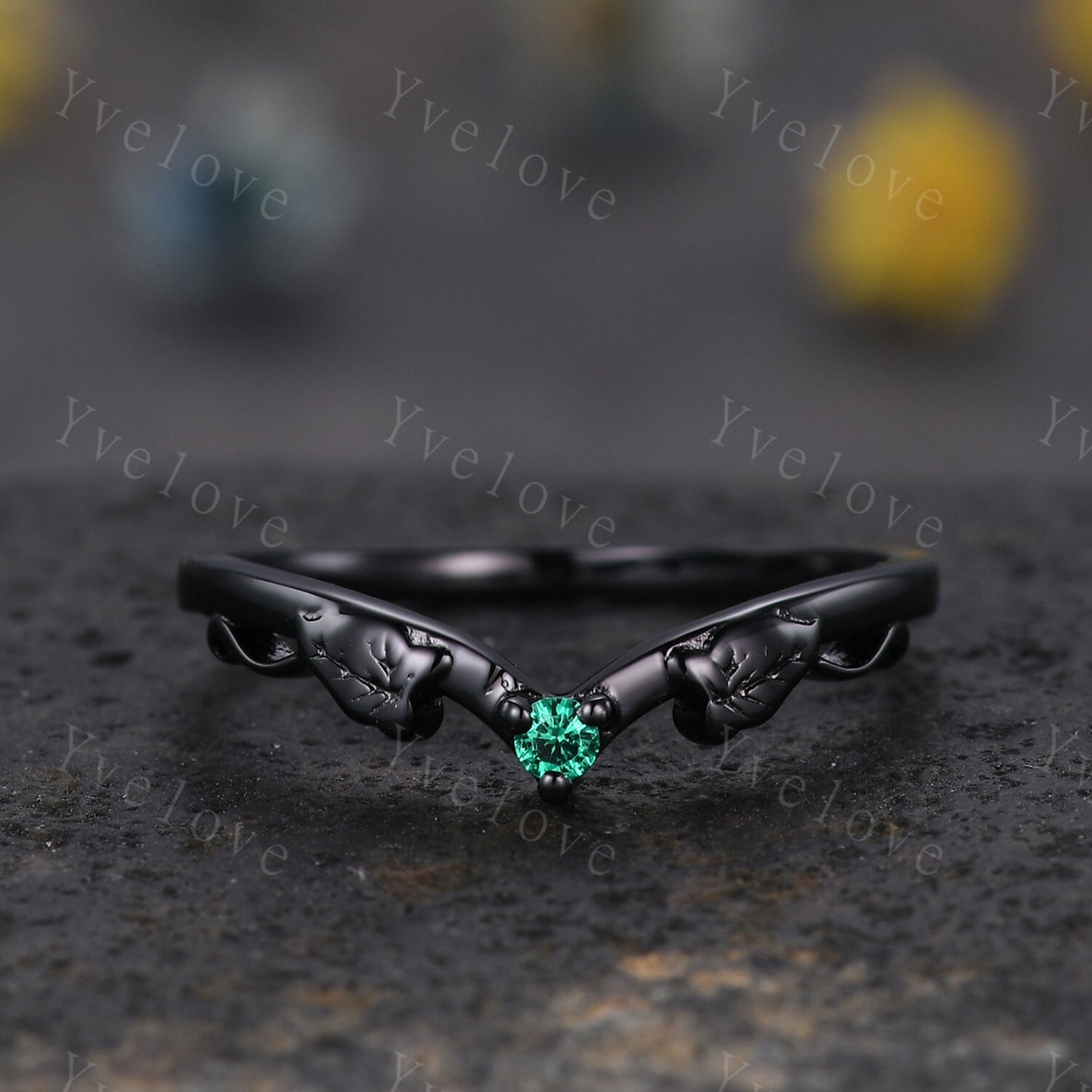 Minimalist Emerald Twig Engagement Ring,Twig Leaf Matching Band,Women Vine Band,Art Deco V Curved Branch Wedding Band,Black Gold Ring Gift