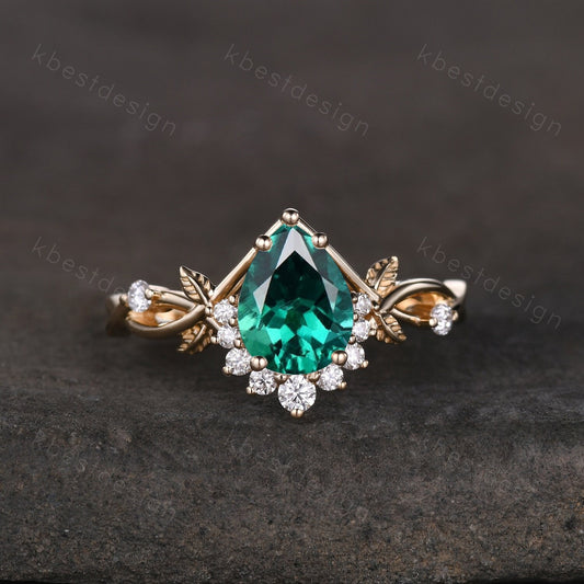 Vintage pear green emerald engagement ring yellow gold twig leaf wedding ring nature inspired ring art deco moissanite bridal promise ring