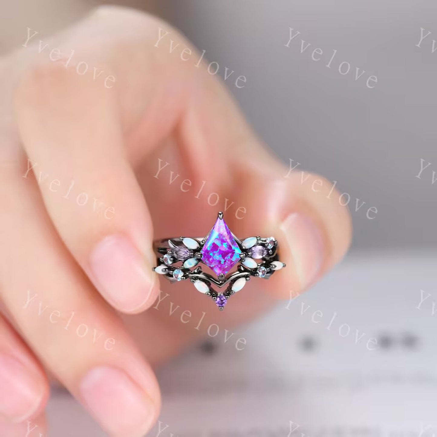 Vintage Kite Cut Lavender Opal Engagement Ring Set,Black Gold Ring,Vines Amethyst Opal Ring,Women Bridal Set,Unique Twig Promise Ring Gift
