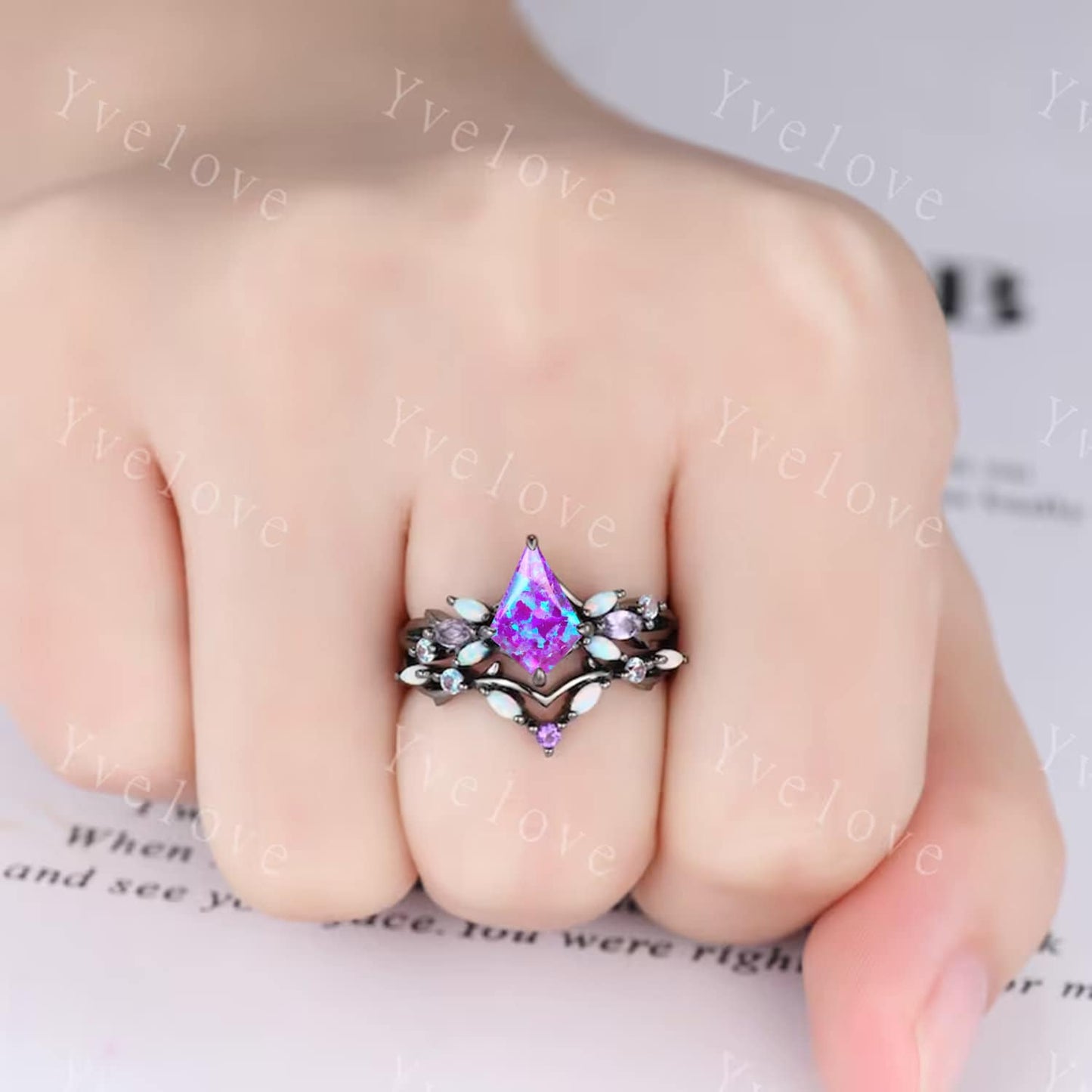 Vintage Kite Cut Lavender Opal Engagement Ring Set,Black Gold Ring,Vines Amethyst Opal Ring,Women Bridal Set,Unique Twig Promise Ring Gift